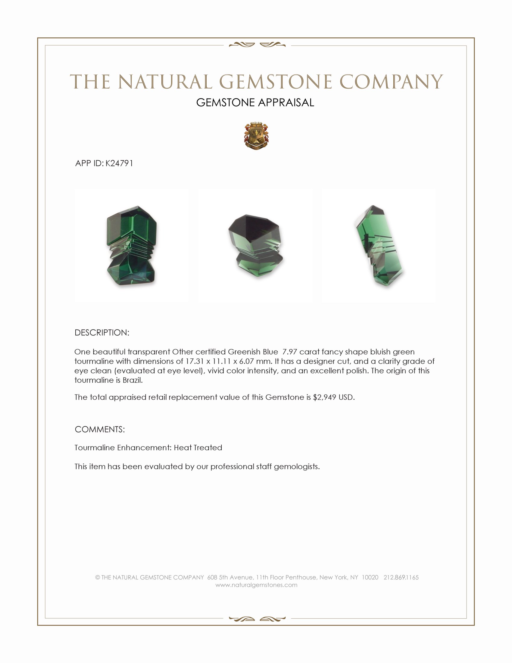 7.97 Ct. Green Tourmaline from Brazil
