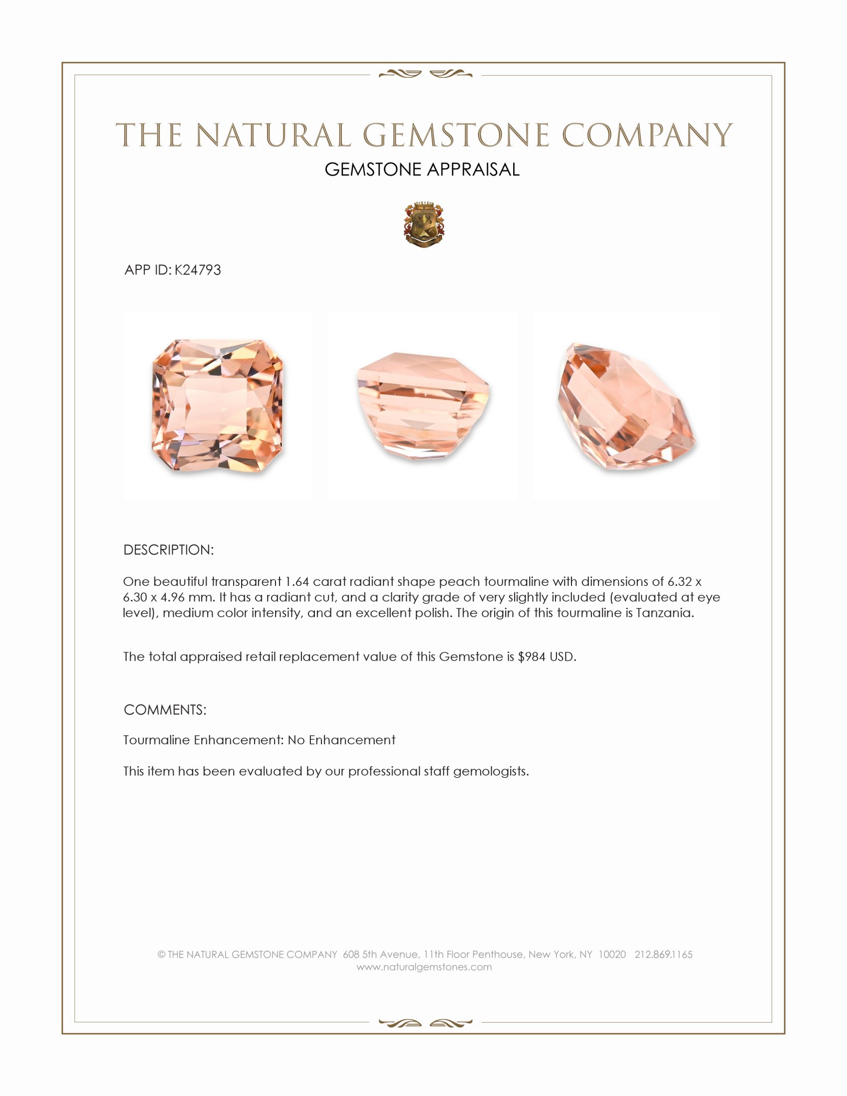 1.64 Ct. Peach Tourmaline from Tanzania