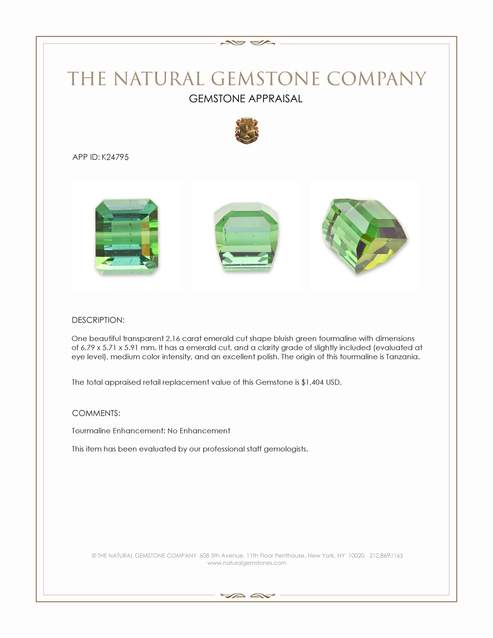 2.16 Ct. Bluish Green Tourmaline from Tanzania