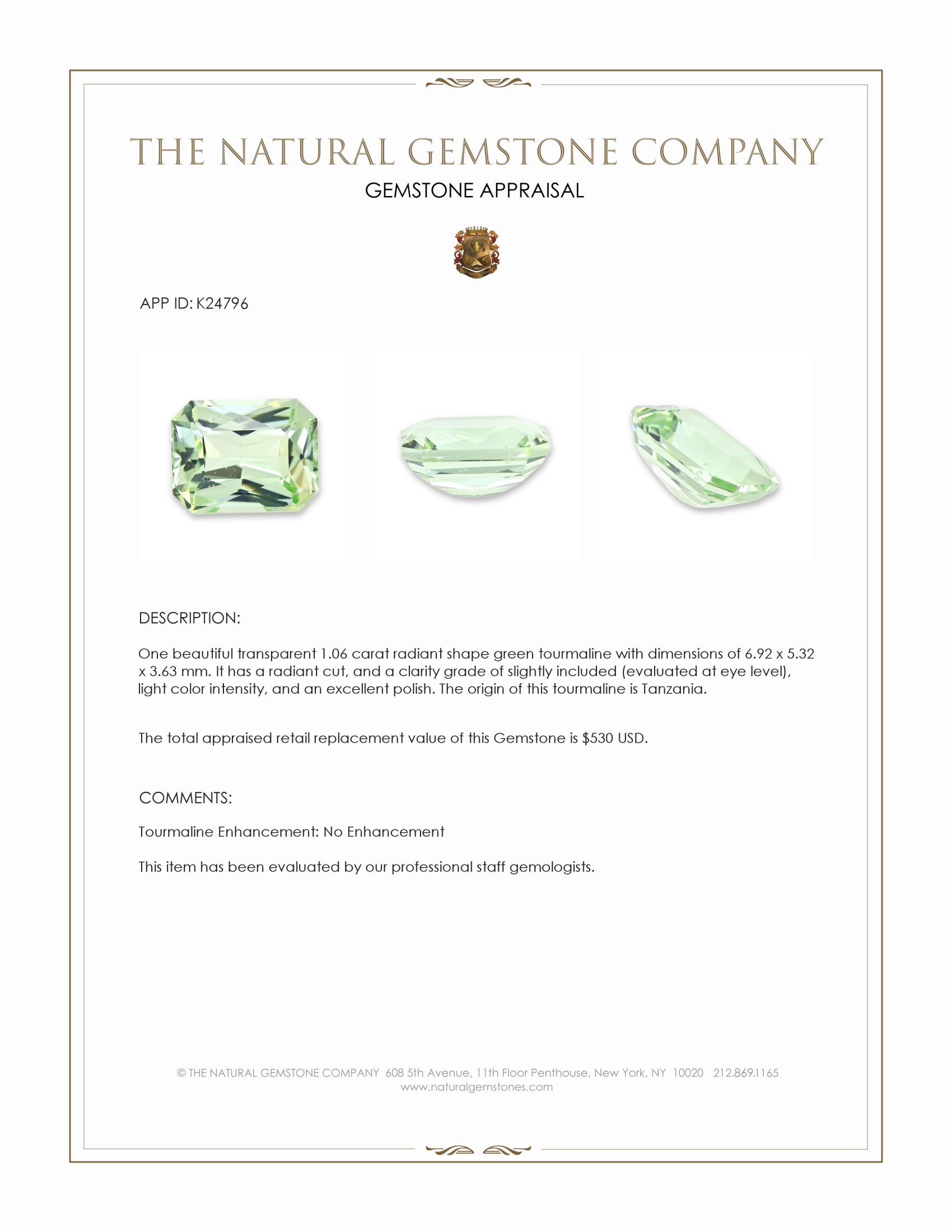 1.06 Ct. Green Tourmaline from Tanzania