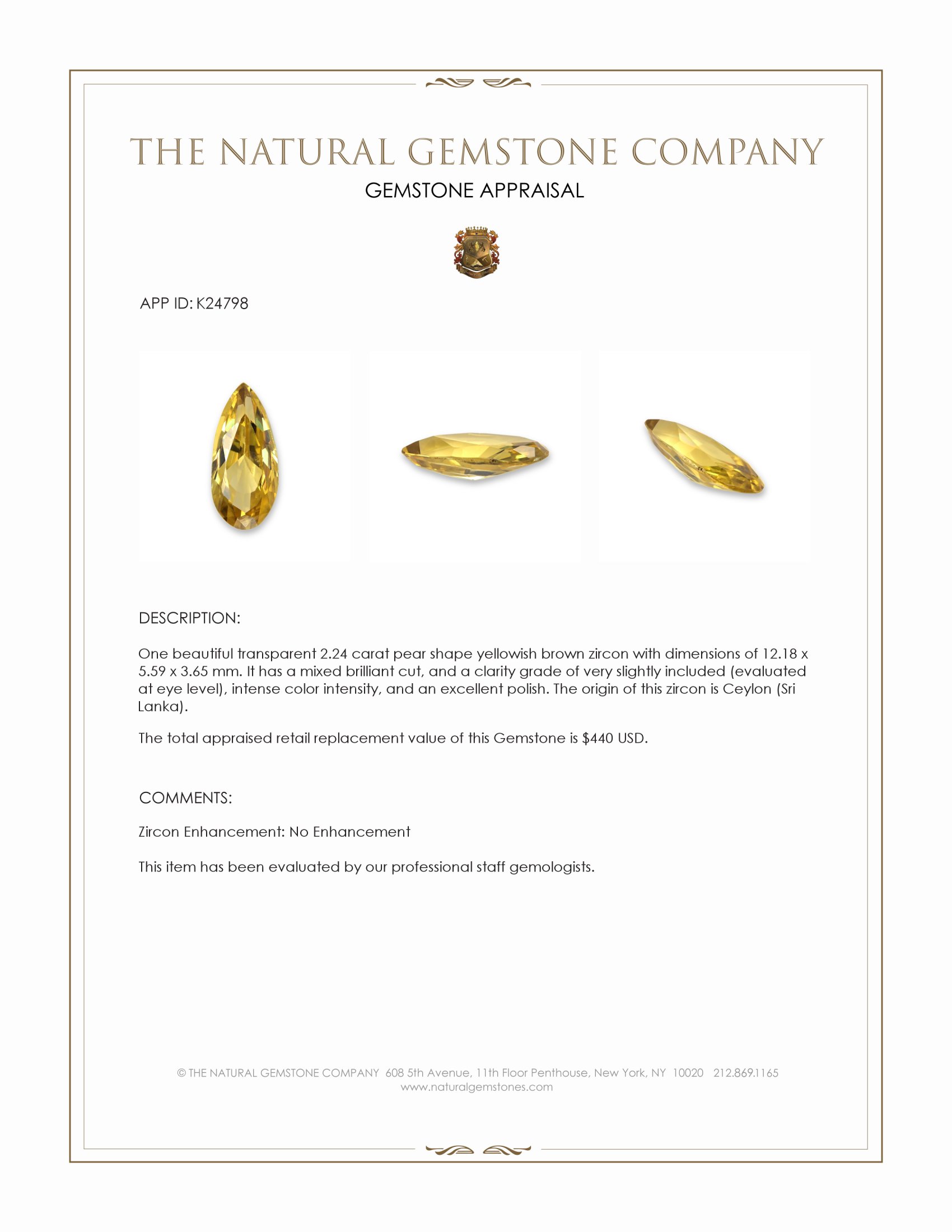 2.24 Ct. Yellowish Brown Zircon from Ceylon (Sri Lanka)