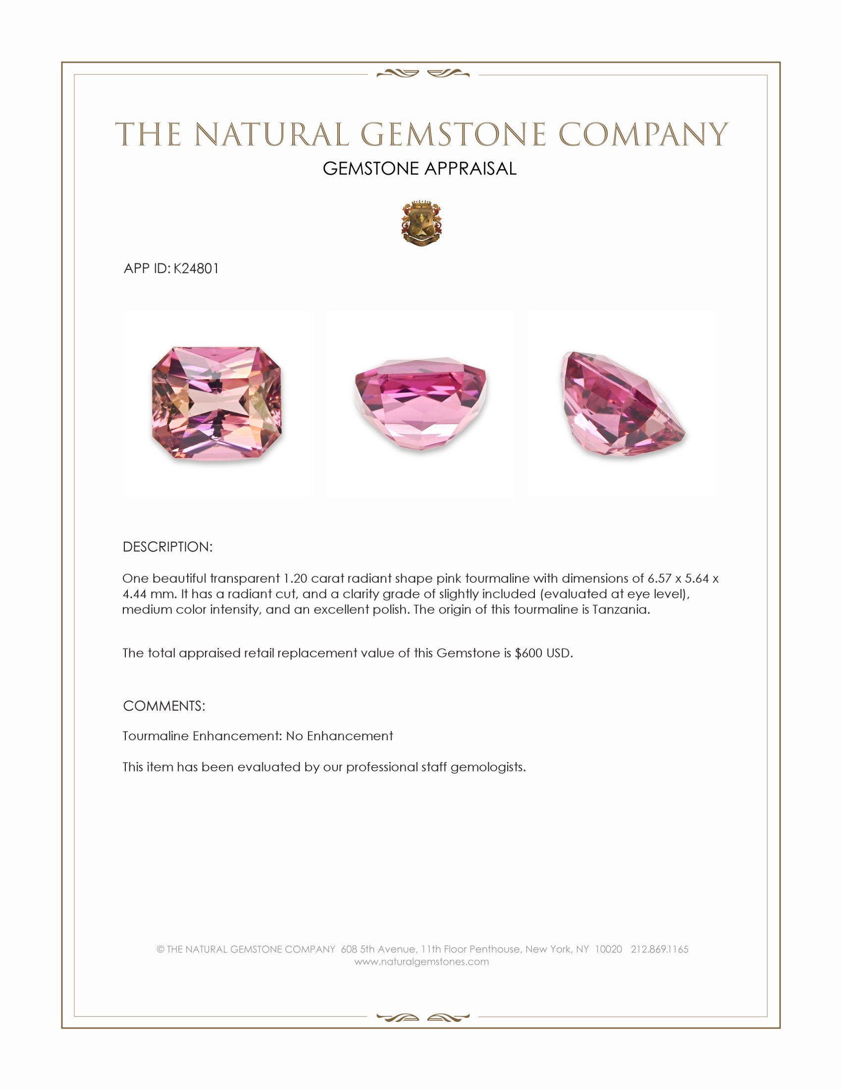 1.20 Ct. Pink Tourmaline from Tanzania