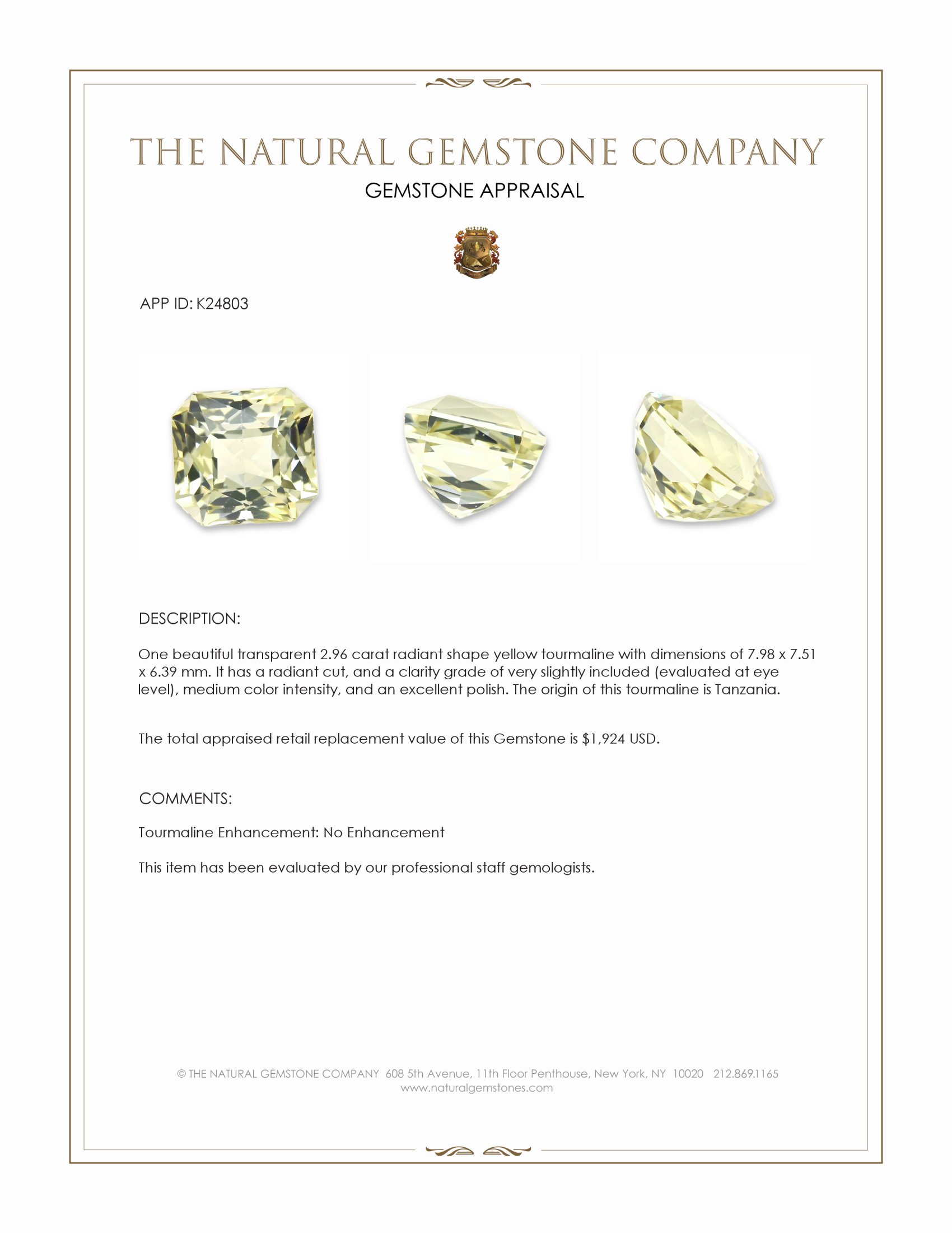2.96 Ct. Yellow Tourmaline from Tanzania