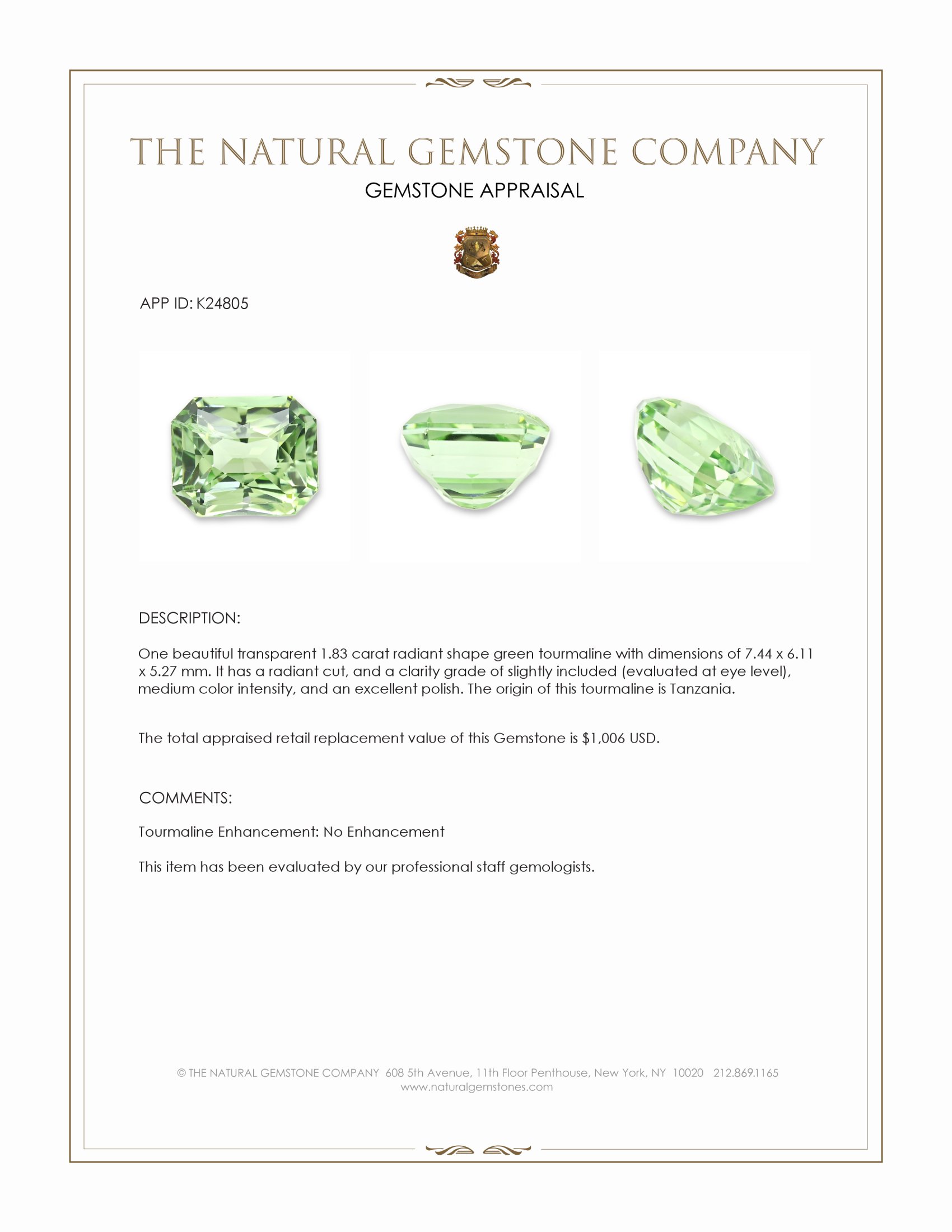 1.83 Ct. Green Tourmaline from Tanzania