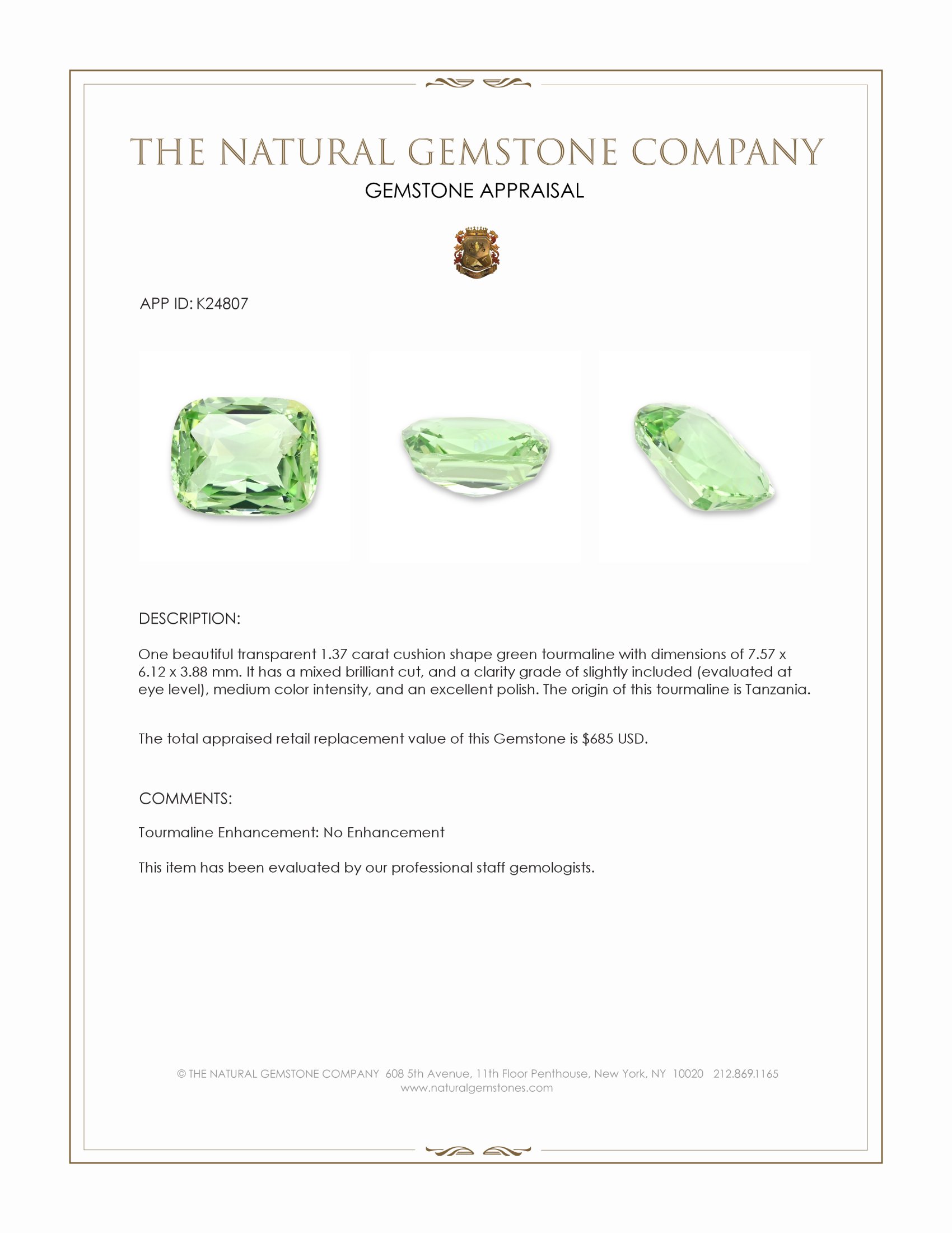 1.37 Ct. Green Tourmaline from Tanzania