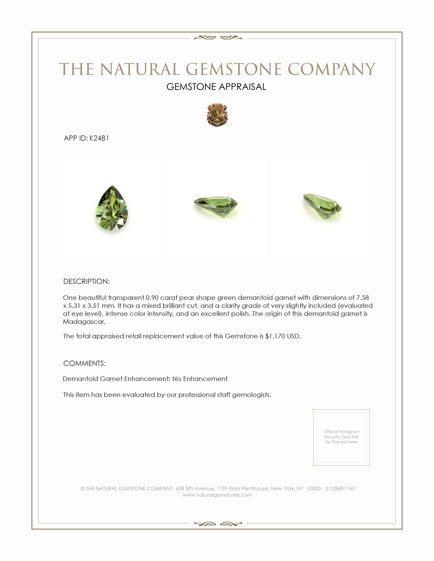 0.90 Ct. Demantoid Garnet from Madagascar