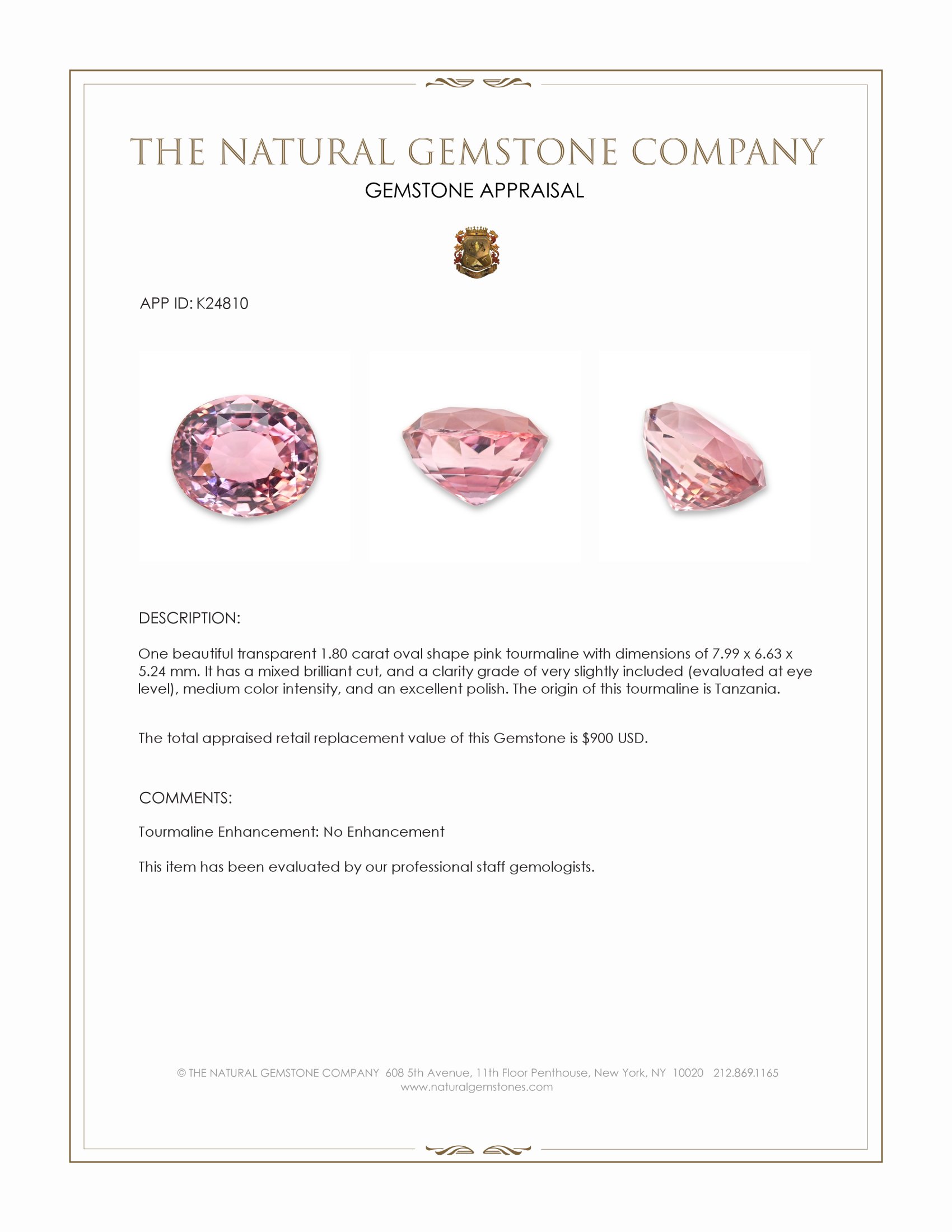 1.80 Ct. Pink Tourmaline from Tanzania