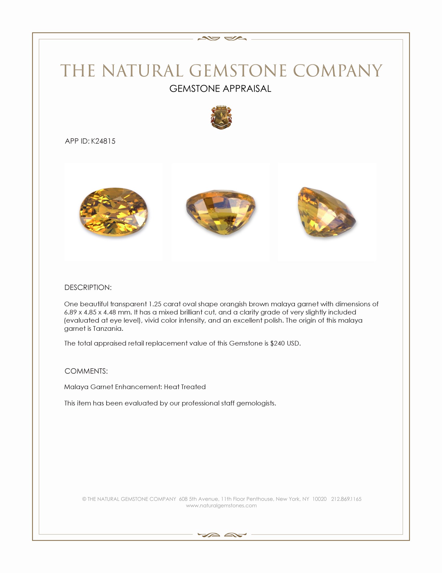1.25 Ct. Orangish Brown Malaya Garnet from Tanzania