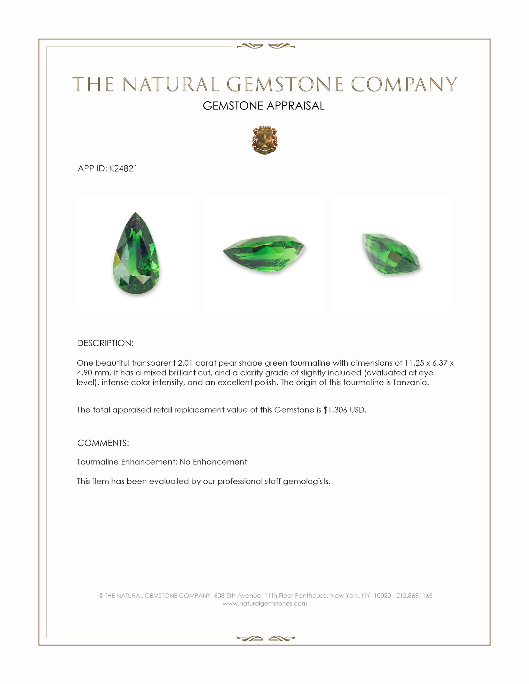 2.01 Ct. Green Tourmaline from Tanzania