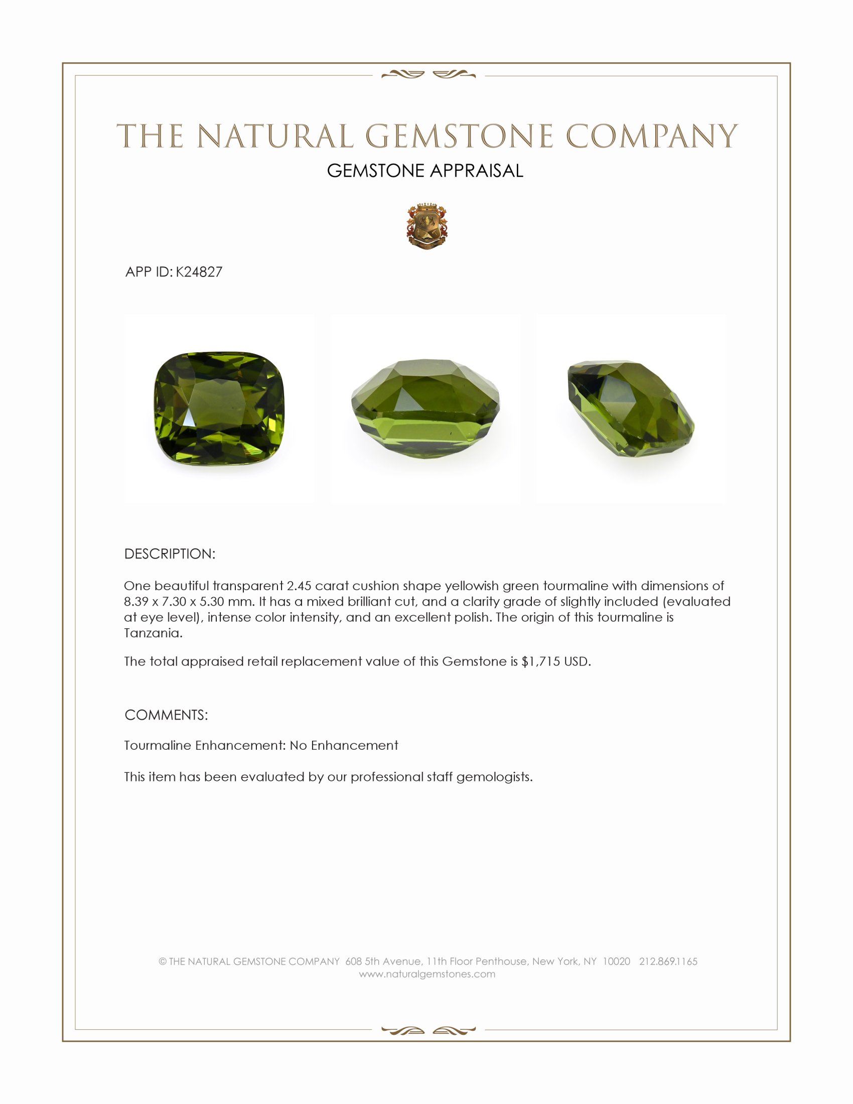 2.45 Ct. Yellowish Green Tourmaline from Tanzania