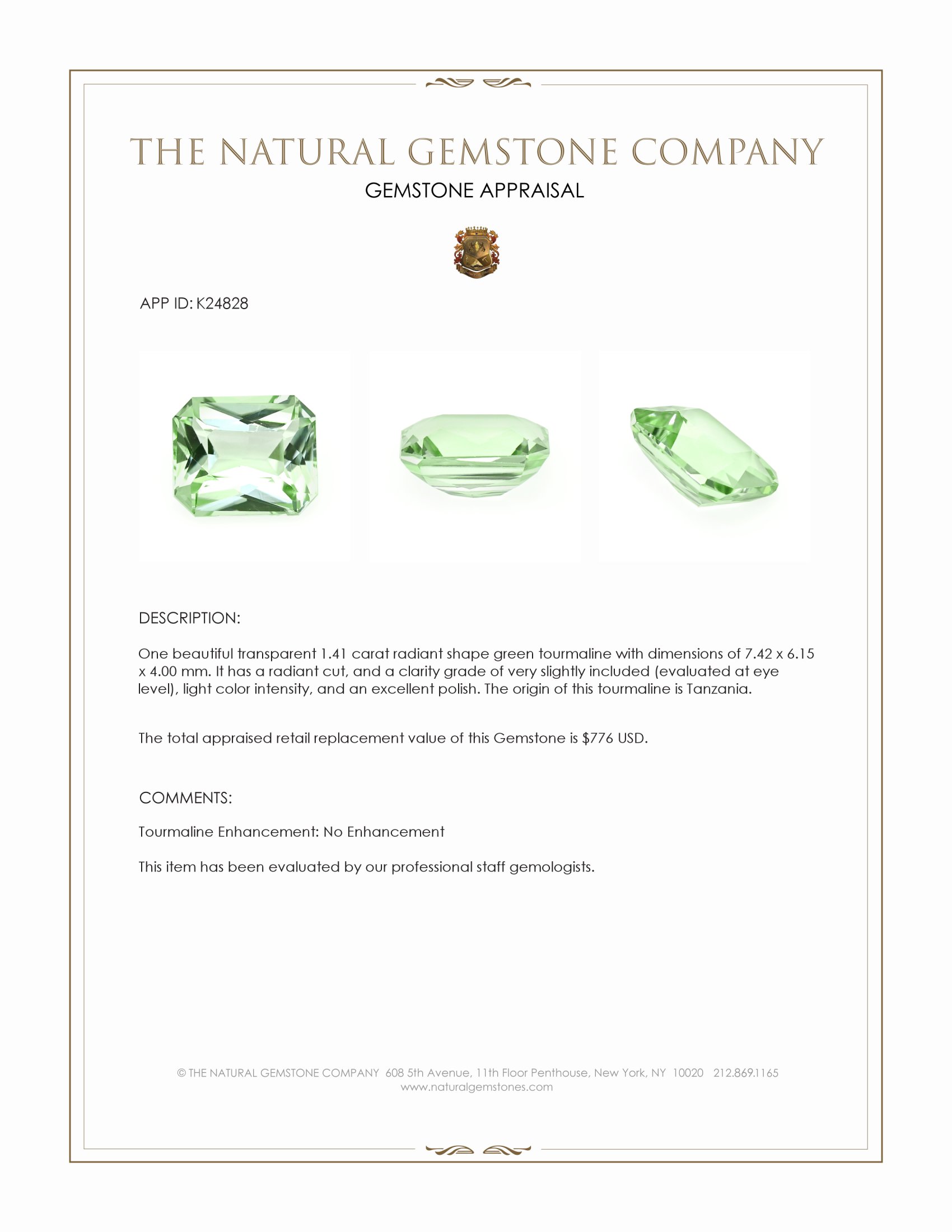 1.41 Ct. Green Tourmaline from Tanzania