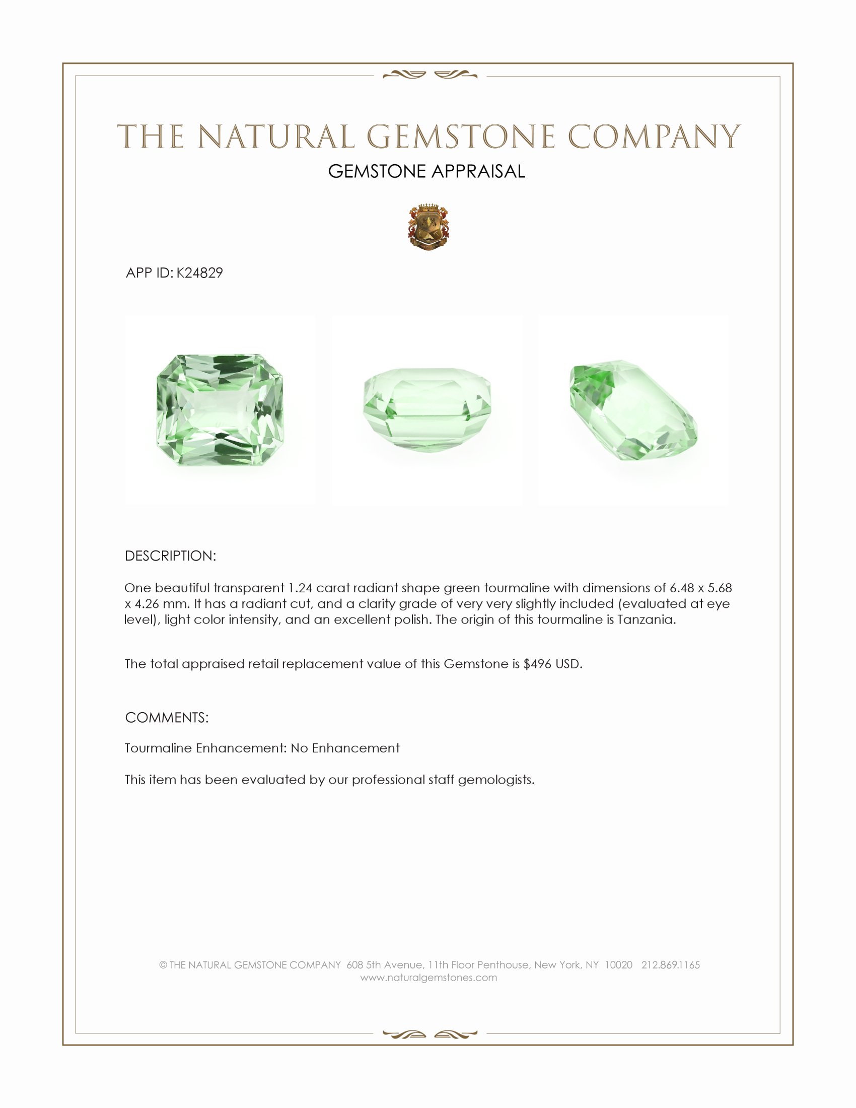 1.24 Ct. Green Tourmaline from Tanzania