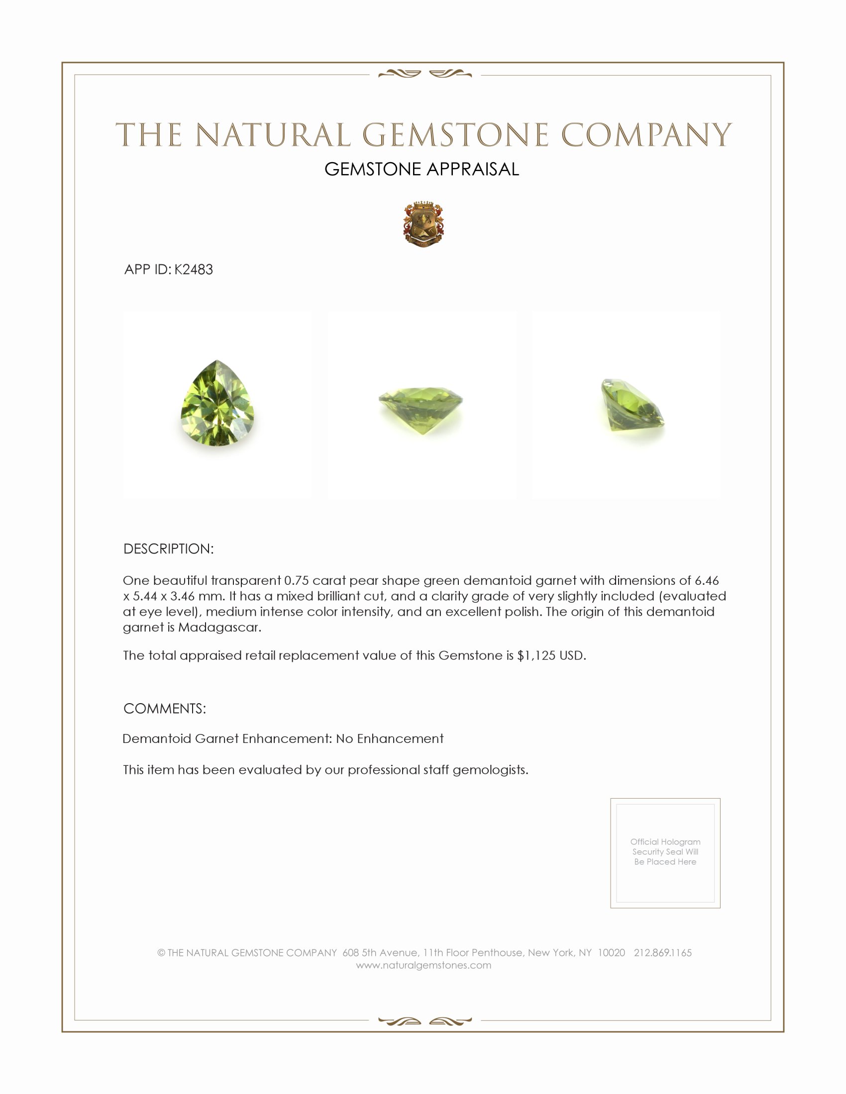 0.75 Ct. Demantoid Garnet from Madagascar