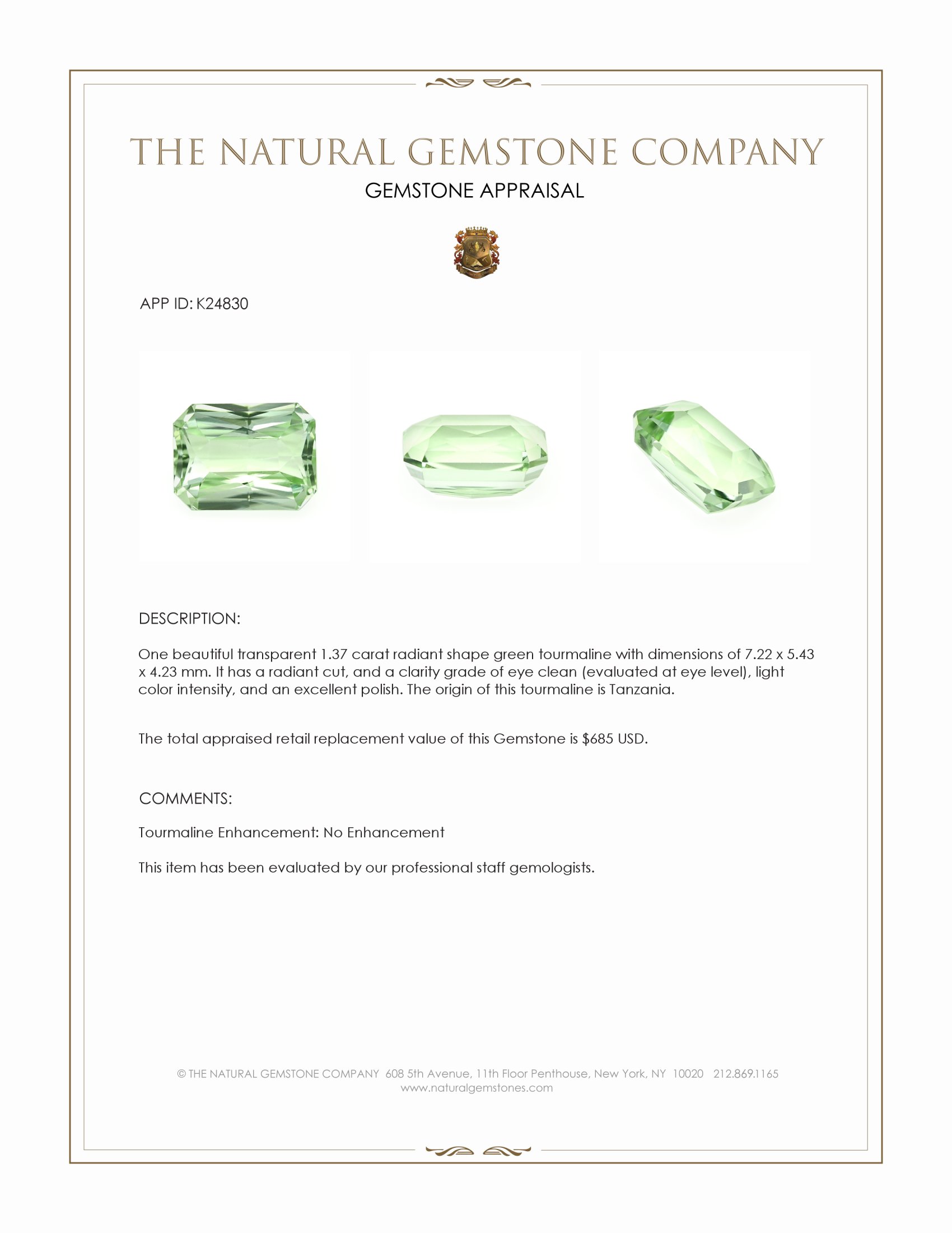 1.37 Ct. Green Tourmaline from Tanzania