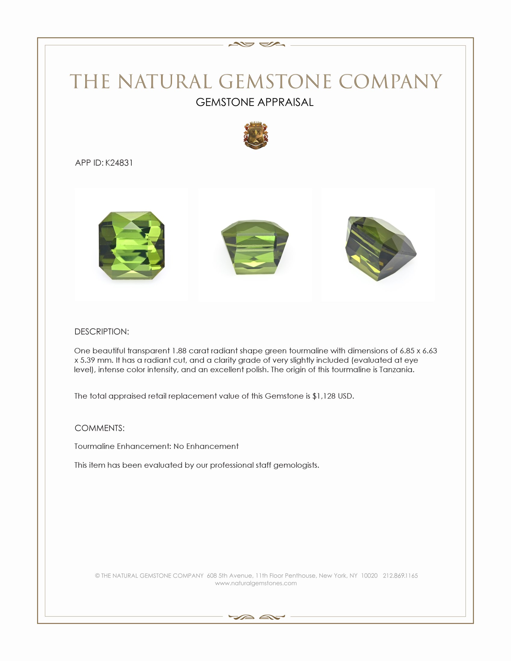 1.88 Ct. Green Tourmaline from Tanzania
