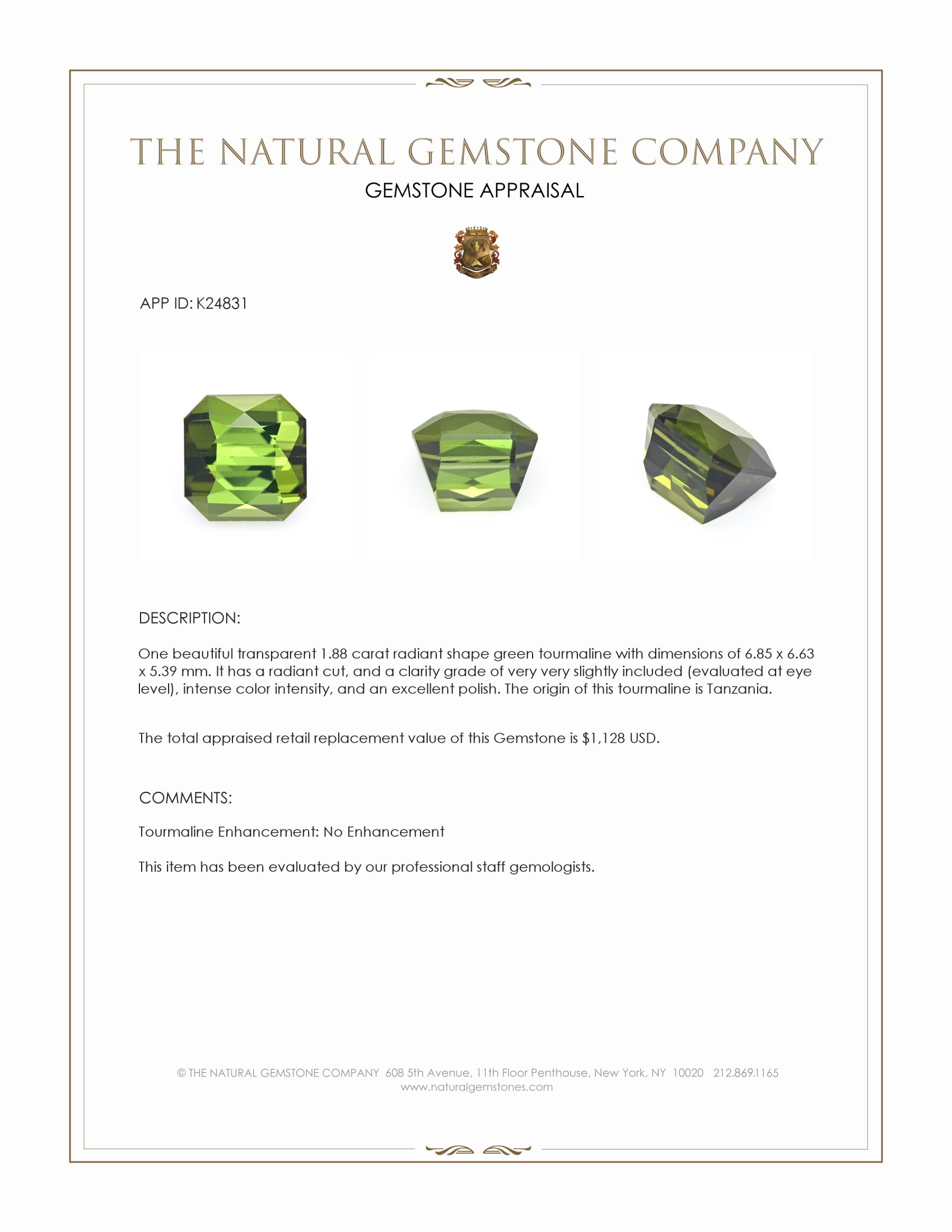 1.88 Ct. Green Tourmaline from Tanzania