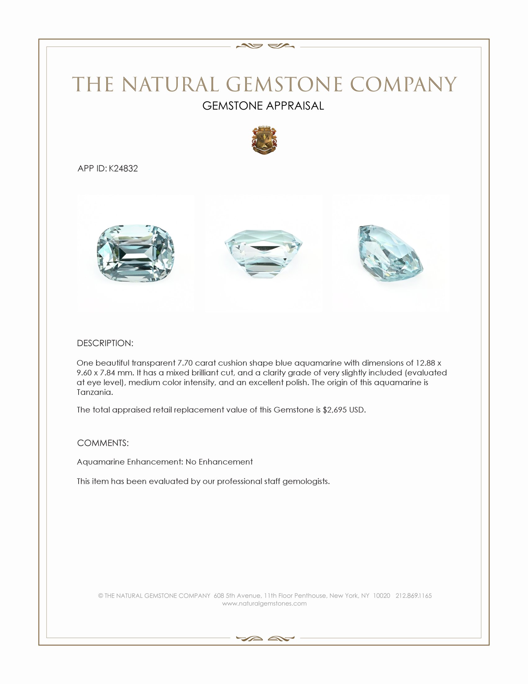 7.70 Ct. Blue Aquamarine from Tanzania