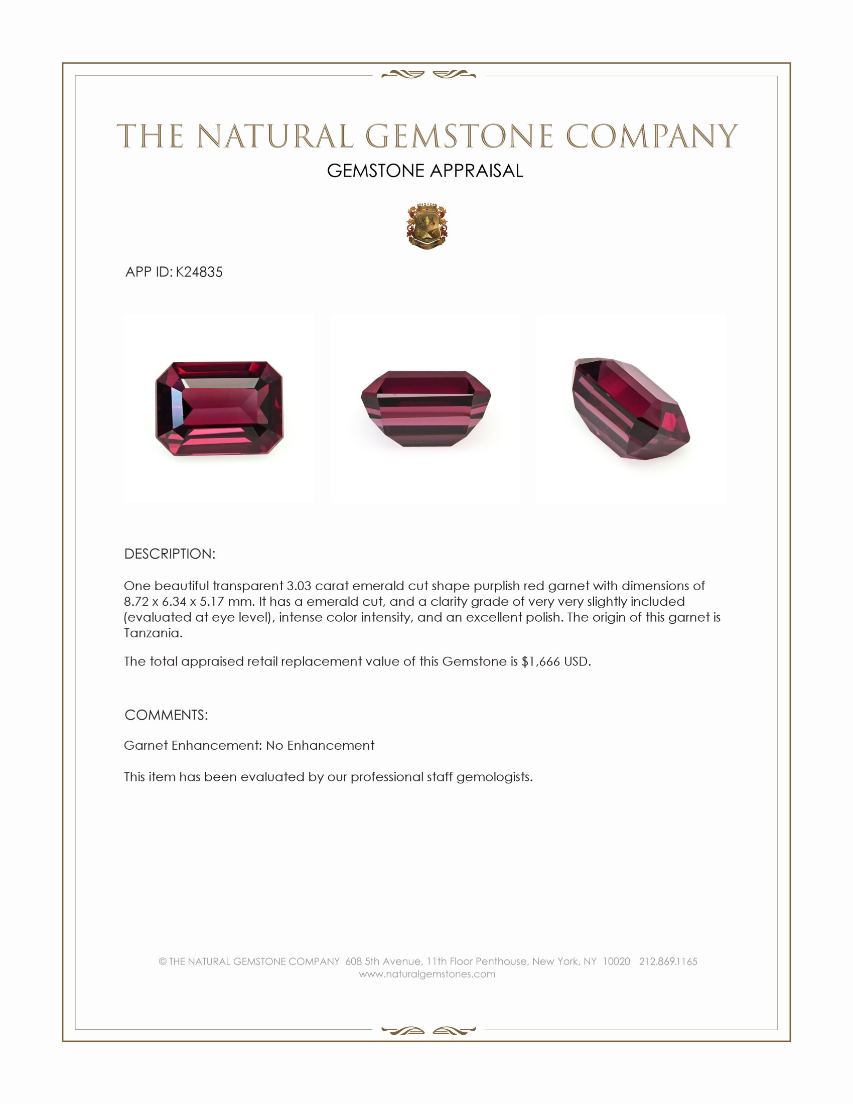 3.03 Ct. Purplish Red Garnet from Tanzania