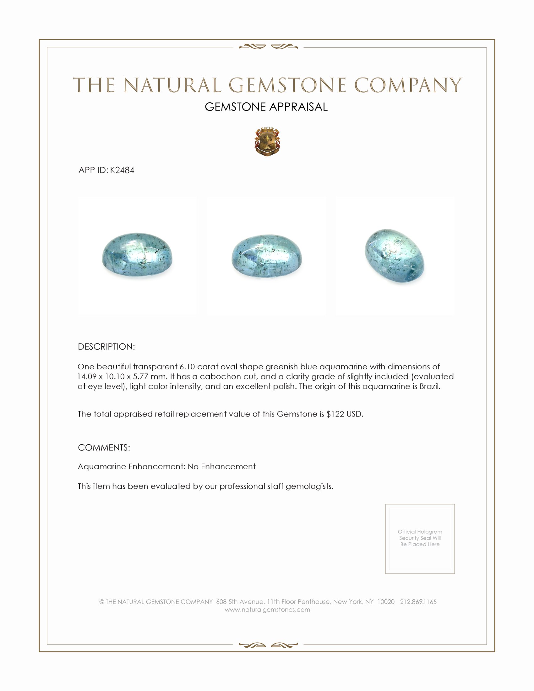 6.10 Ct. Cabochon Aquamarine from Brazil