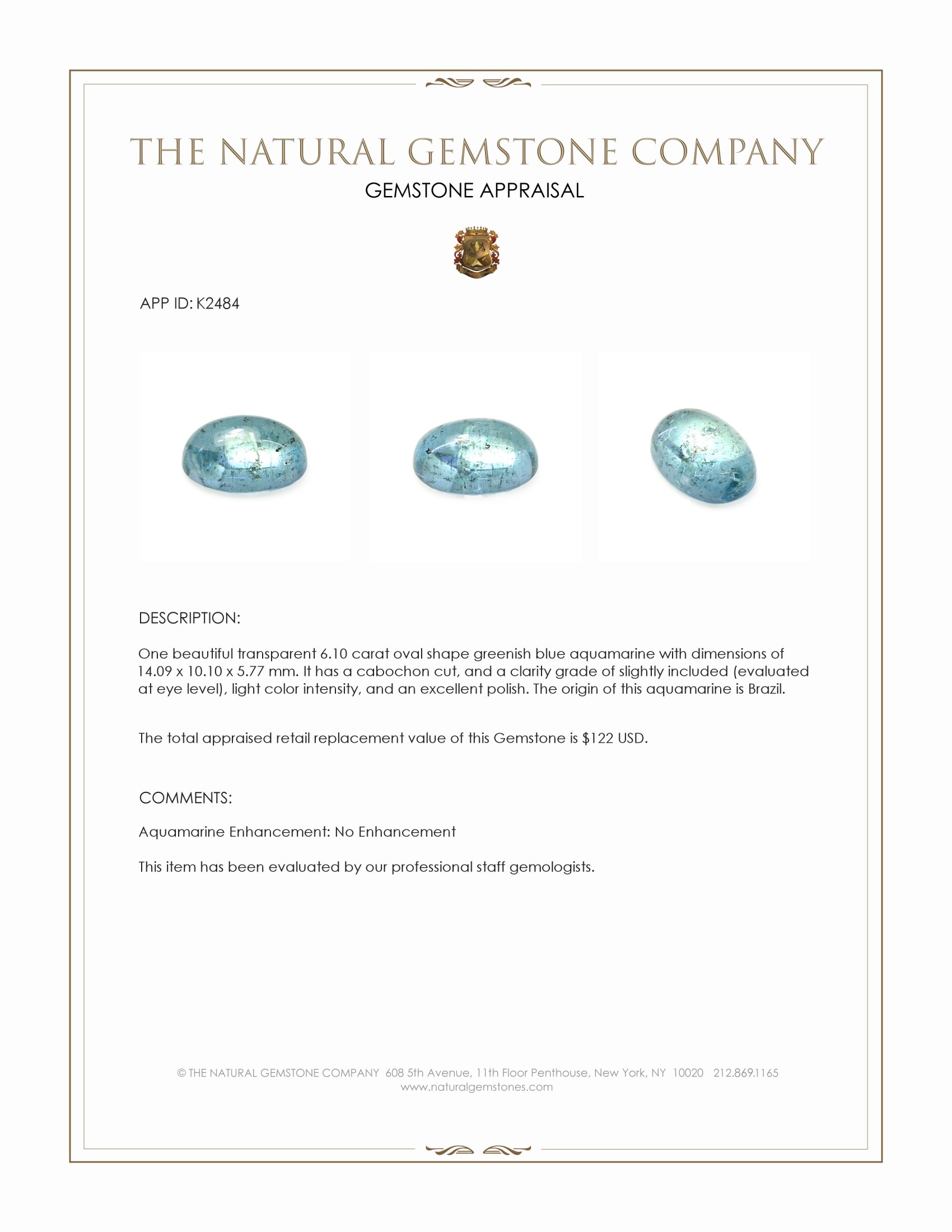 6.10 Ct. Cabochon Aquamarine from Brazil