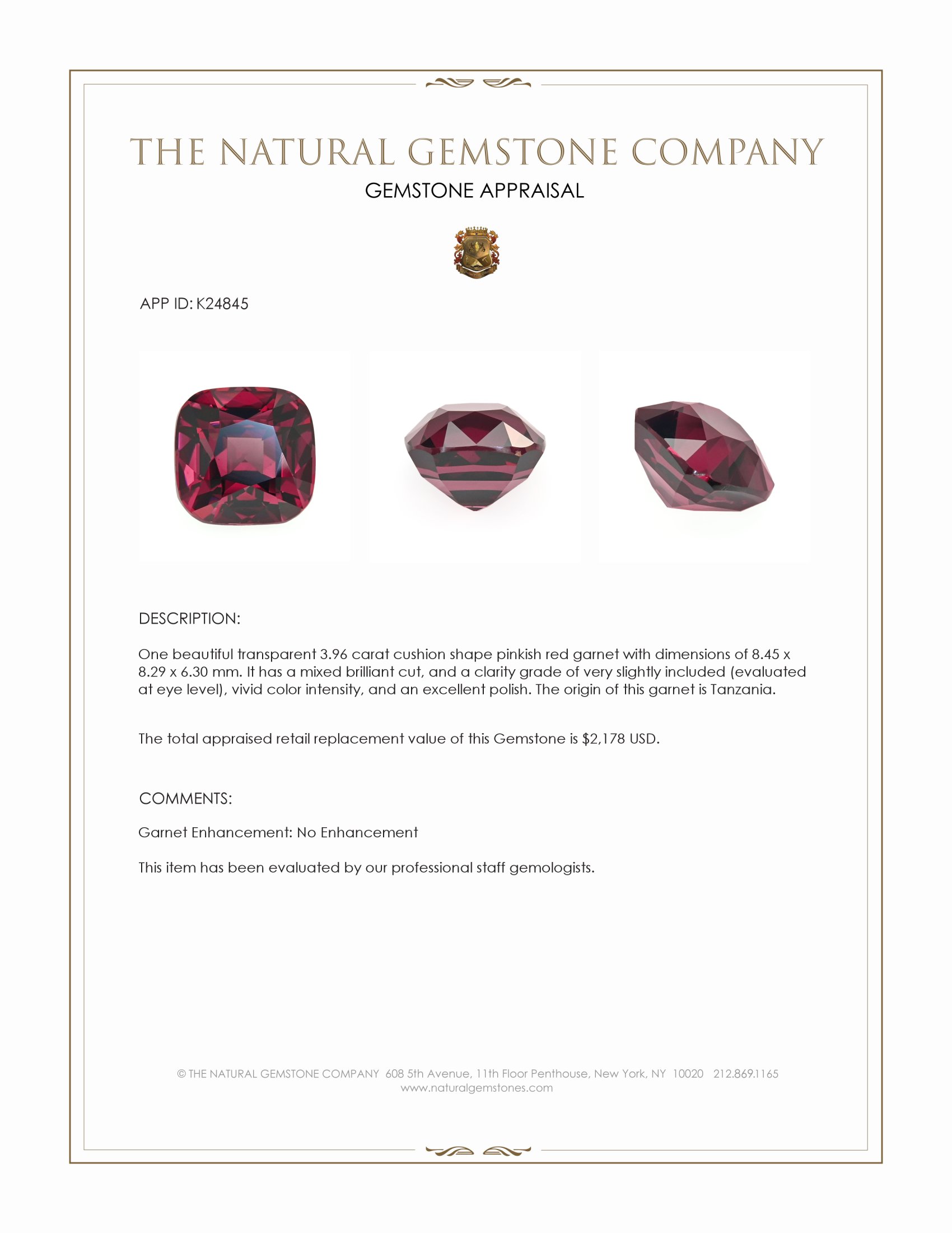 3.96 Ct. Pinkish Red Garnet from Tanzania