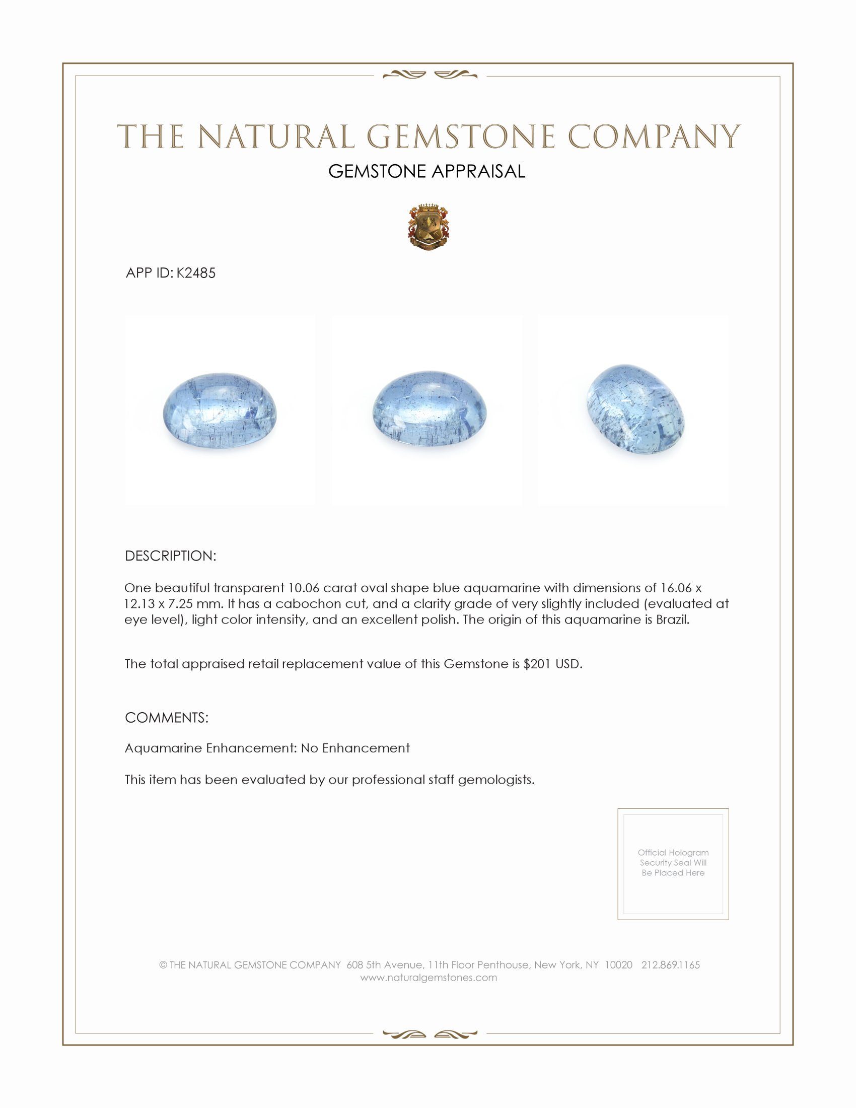 10.06 Ct. Cabochon Aquamarine from Brazil