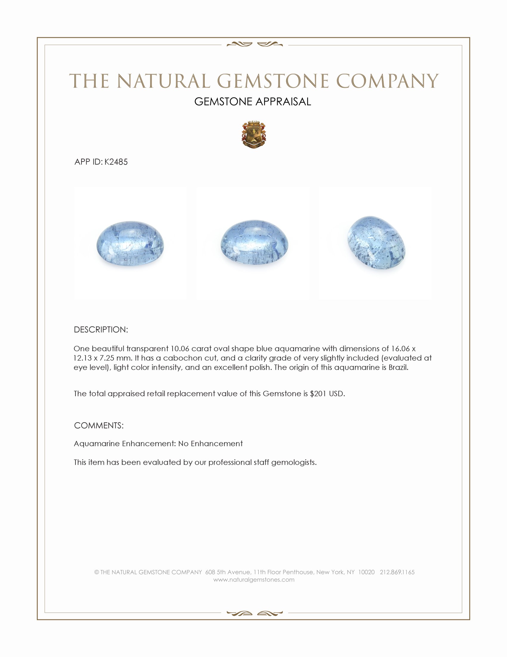 10.06 Ct. Cabochon Aquamarine from Brazil