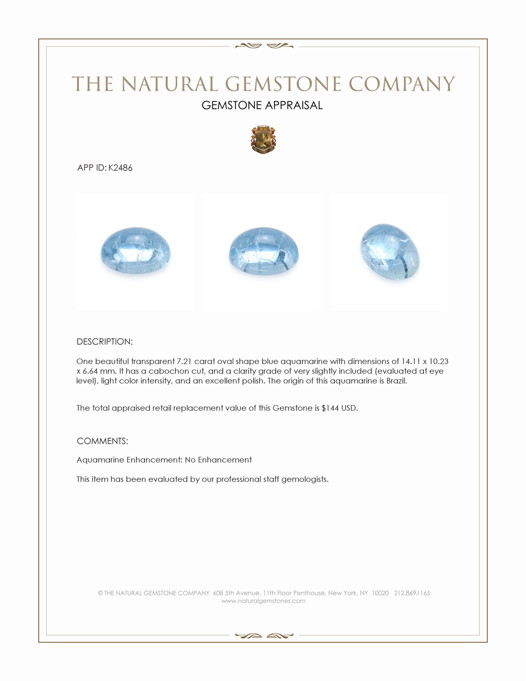 7.21 Ct. Cabochon Aquamarine from Brazil