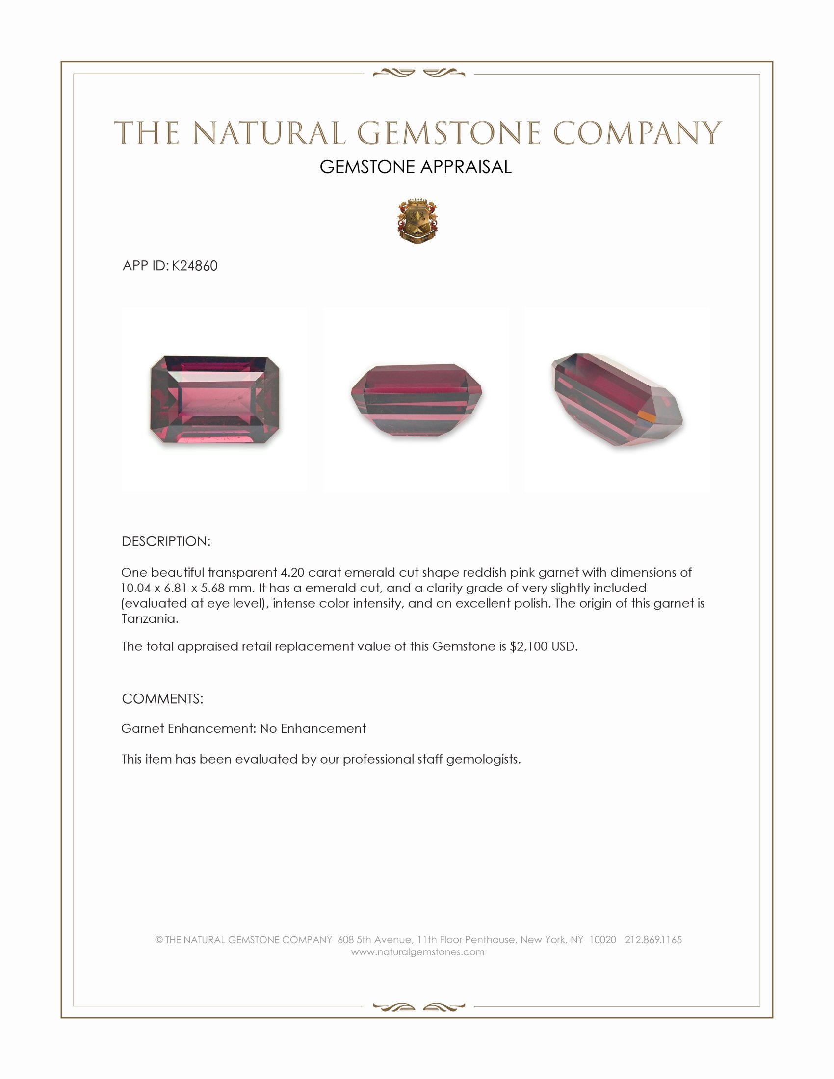 4.20 Ct. Reddish Pink Garnet from Tanzania