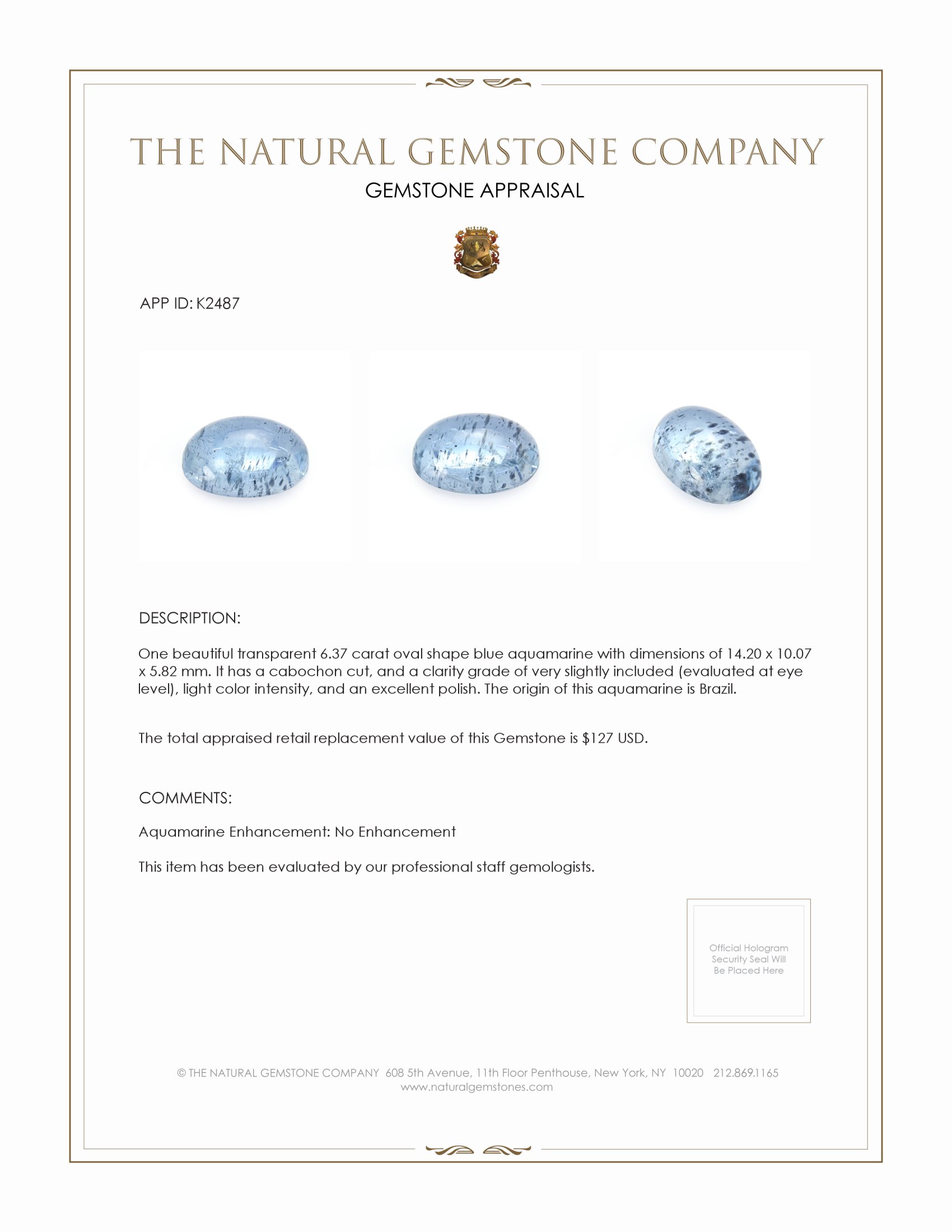 6.37 Ct. Cabochon Aquamarine from Brazil