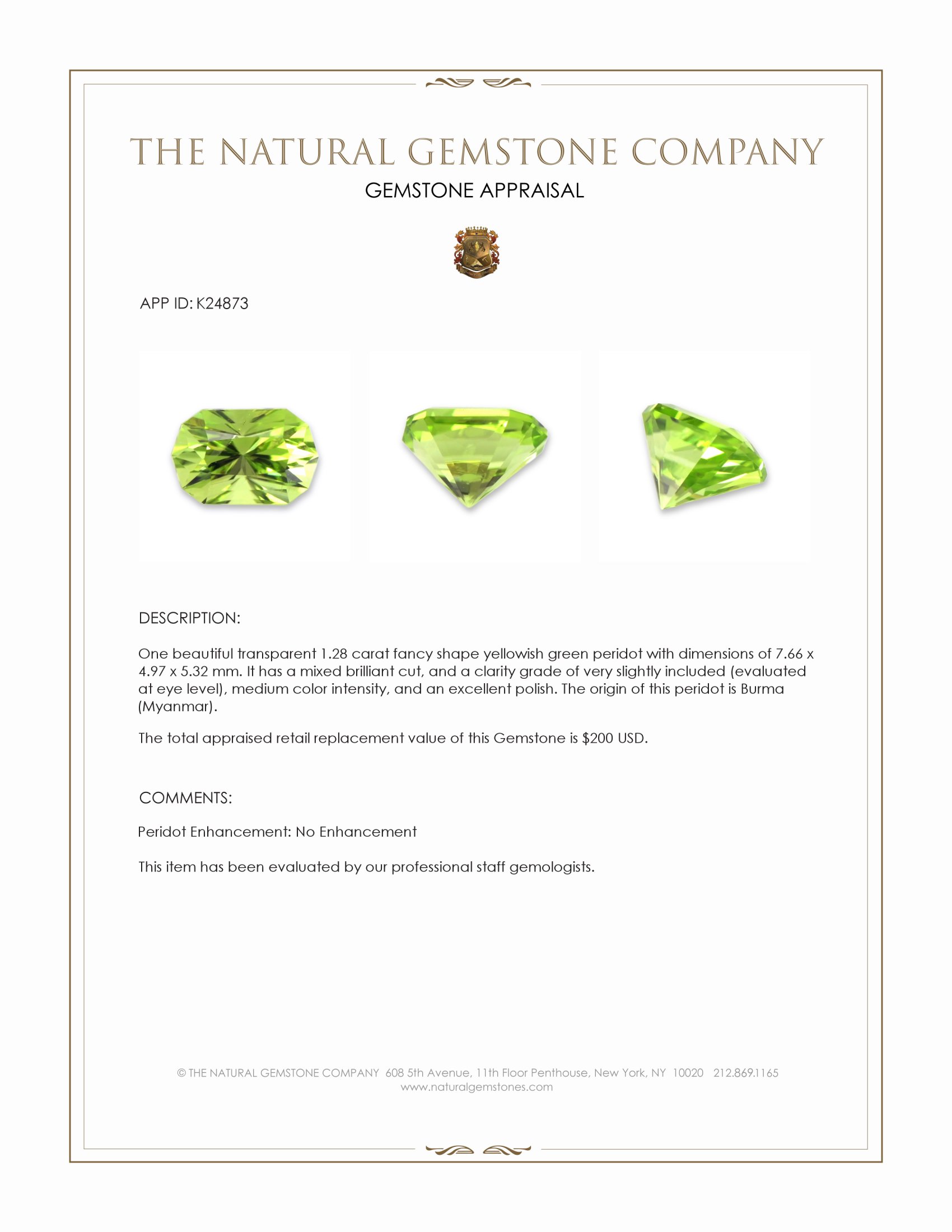 1.28 Ct. Yellowish Green Peridot from Burma (Myanmar)
