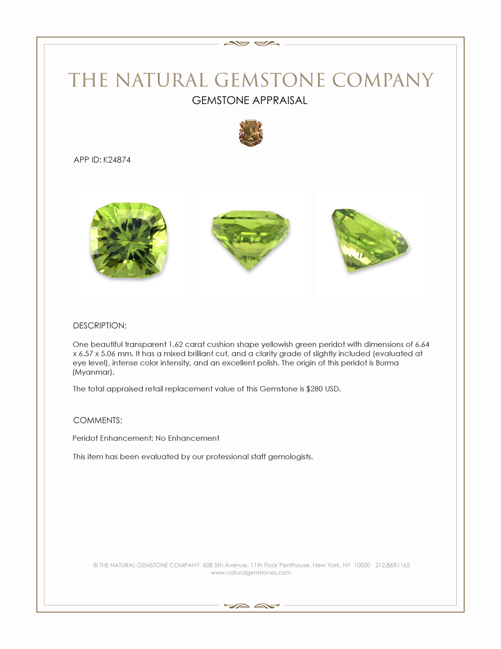 1.62 Ct. Yellowish Green Peridot from Burma (Myanmar)