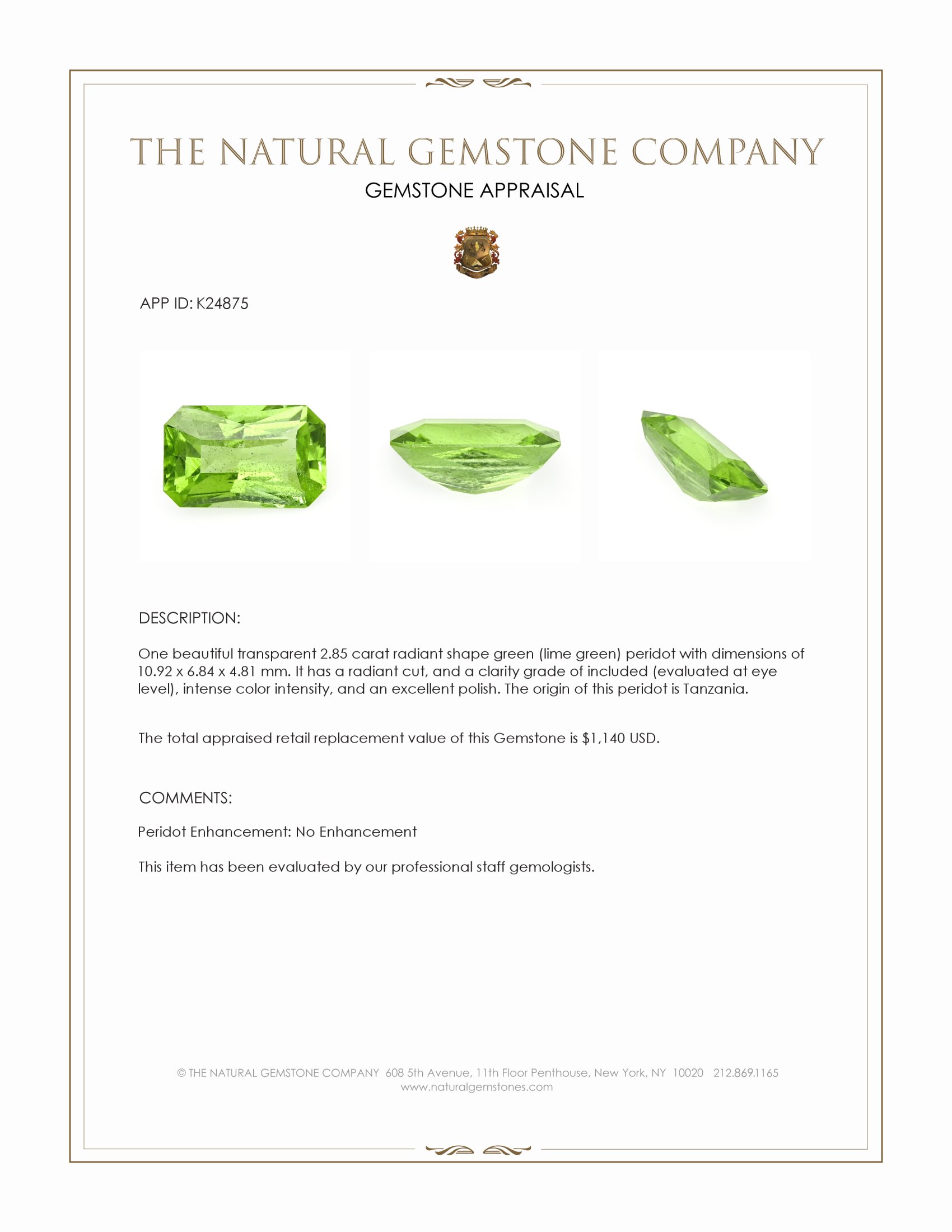 2.85 Ct. Green (Lime Green) Peridot from Tanzania