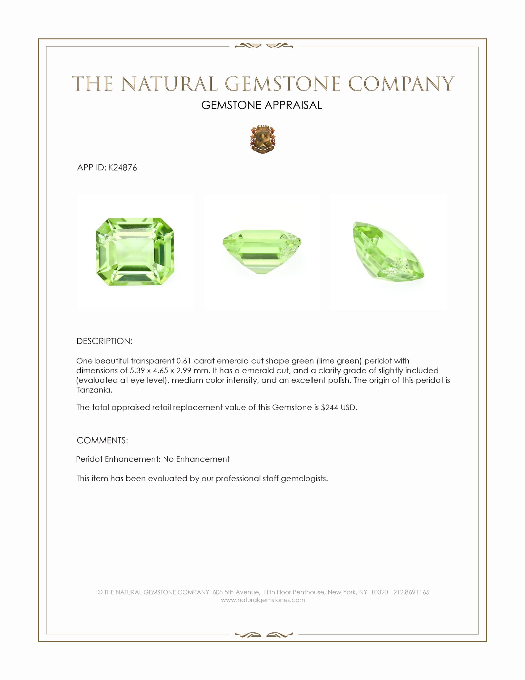 0.61 Ct. Green (Lime Green) Peridot from Tanzania