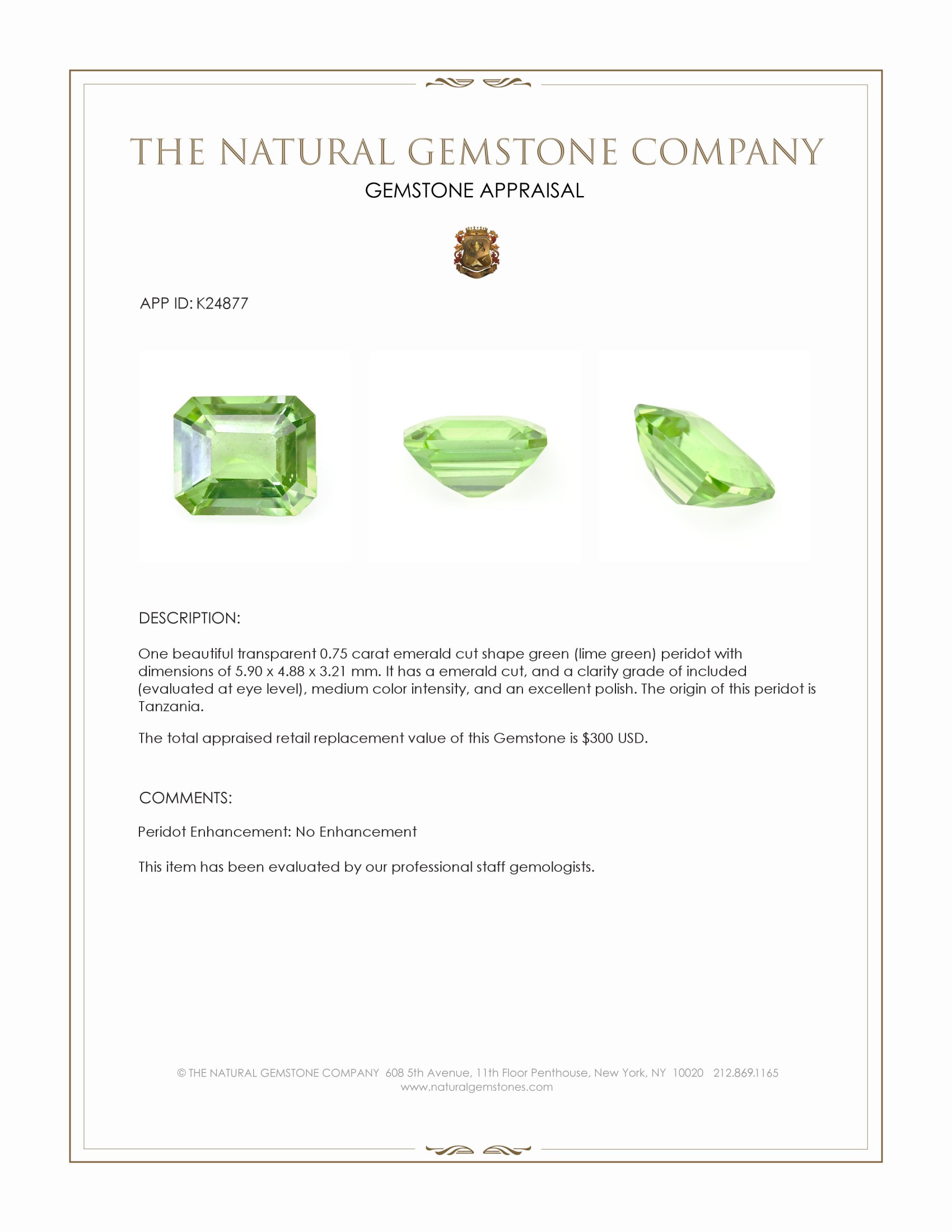 0.75 Ct. Green (Lime Green) Peridot from Tanzania