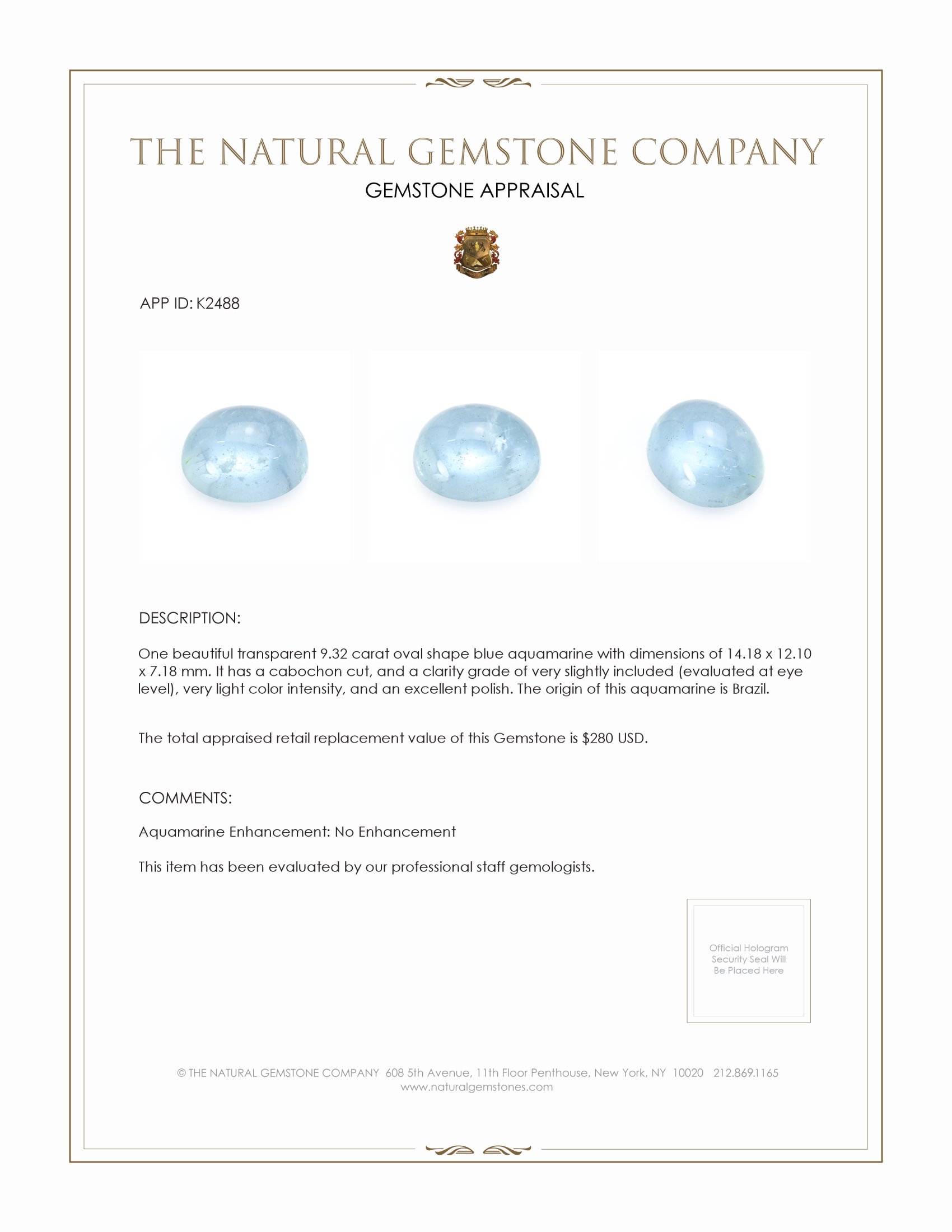 9.32 Ct. Cabochon Aquamarine from Brazil
