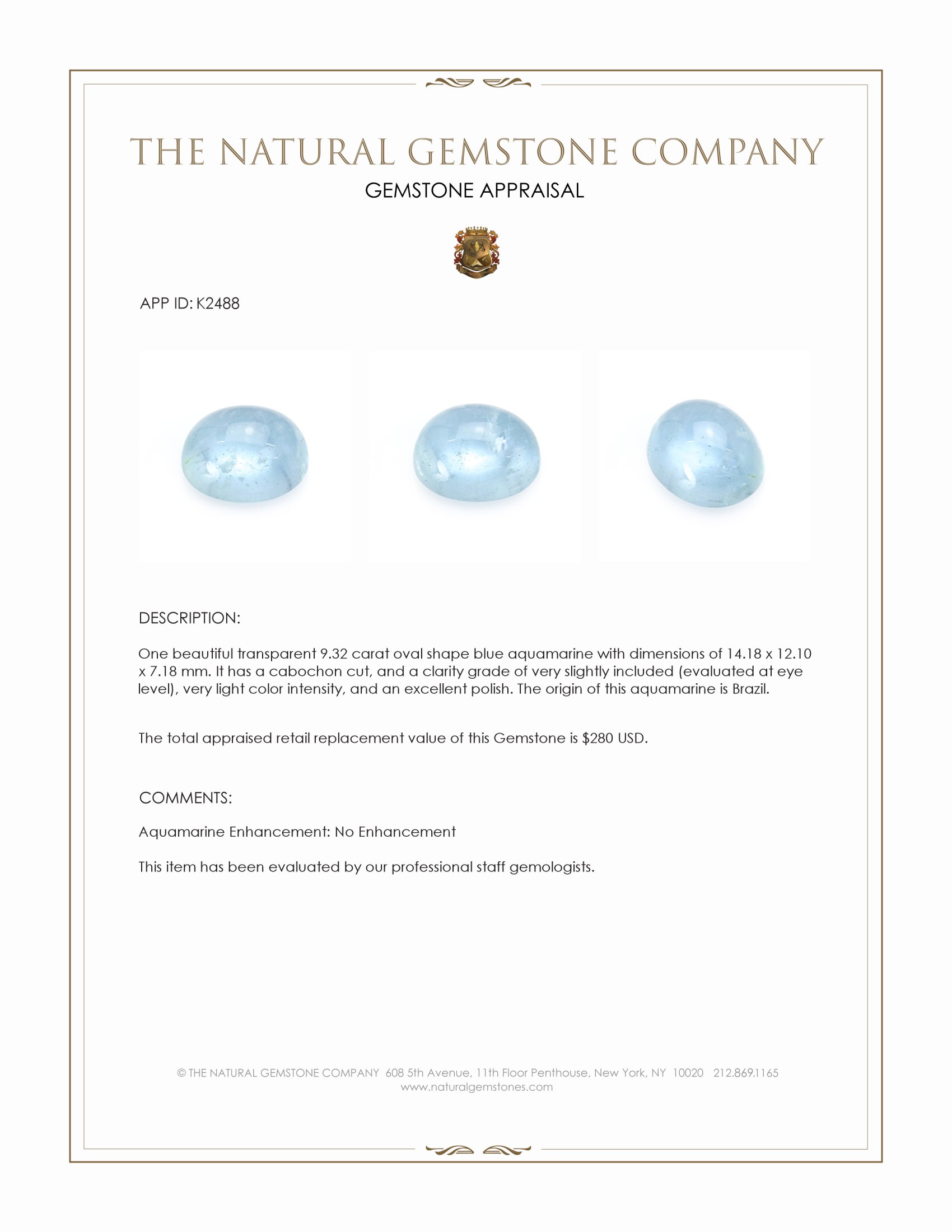 9.32 Ct. Cabochon Aquamarine from Brazil