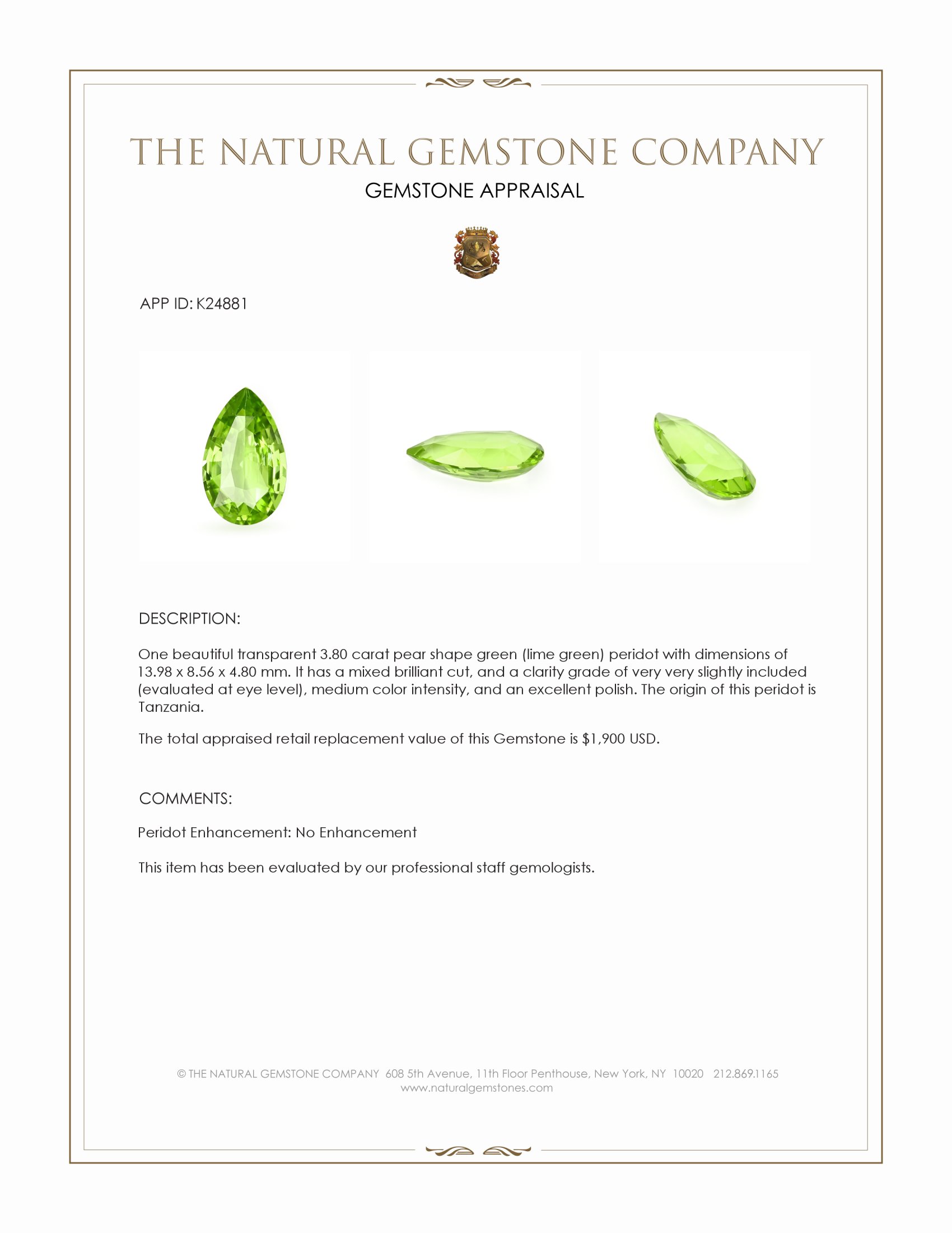 3.80 Ct. Green (Lime Green) Peridot from Tanzania