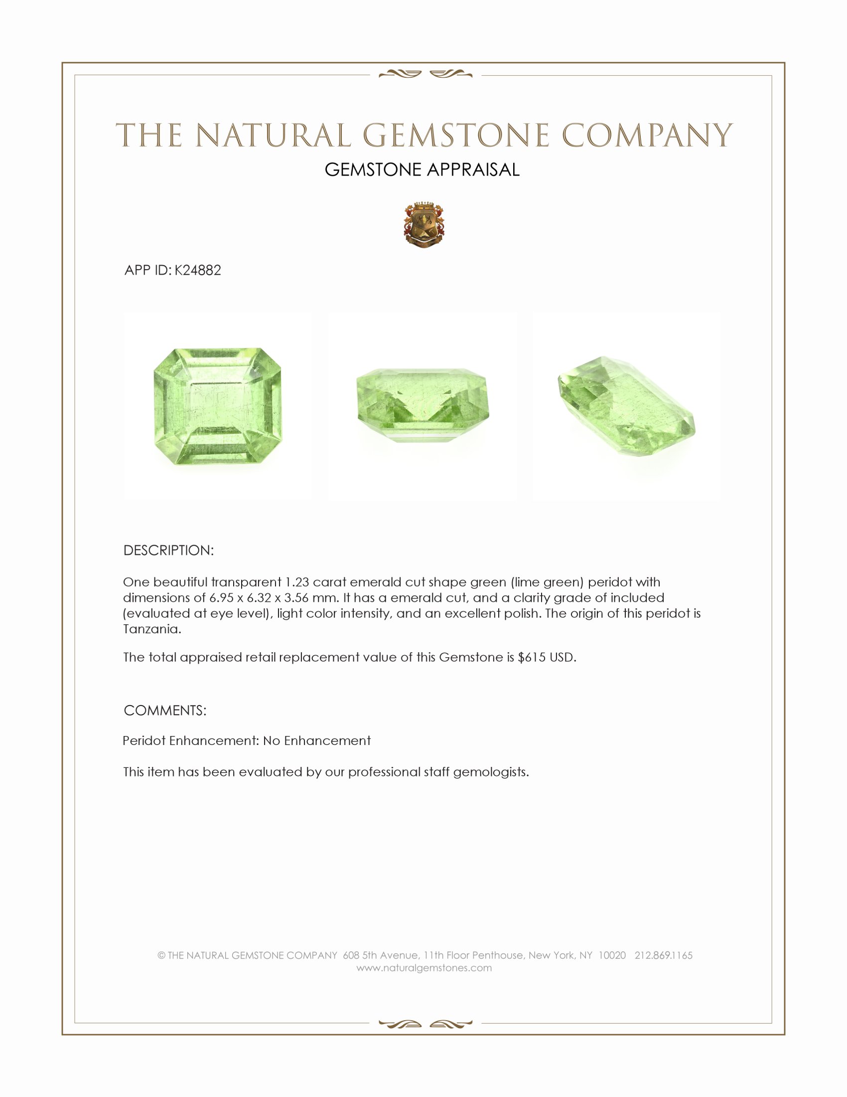 1.23 Ct. Green (Lime Green) Peridot from Tanzania