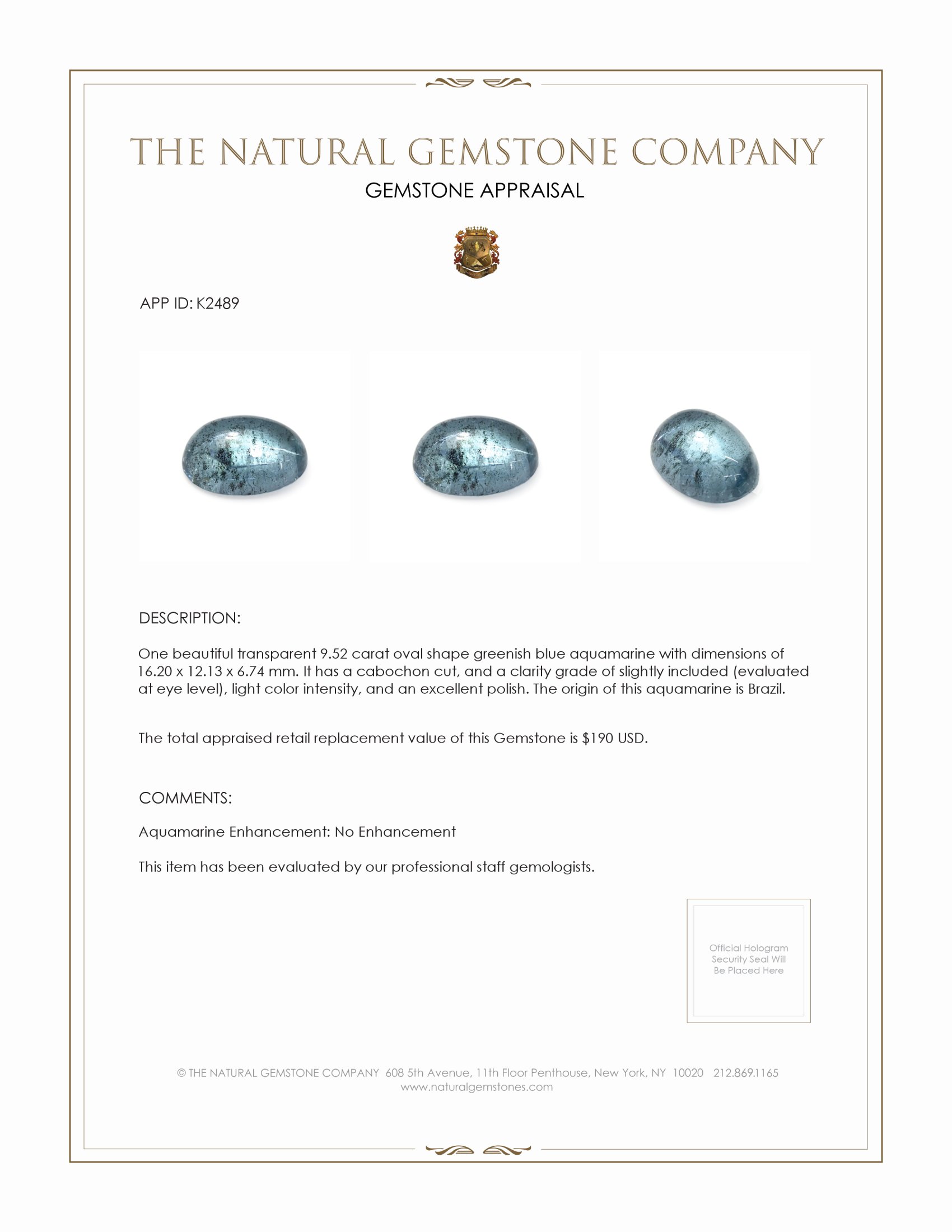 9.52 Ct. Cabochon Aquamarine from Brazil