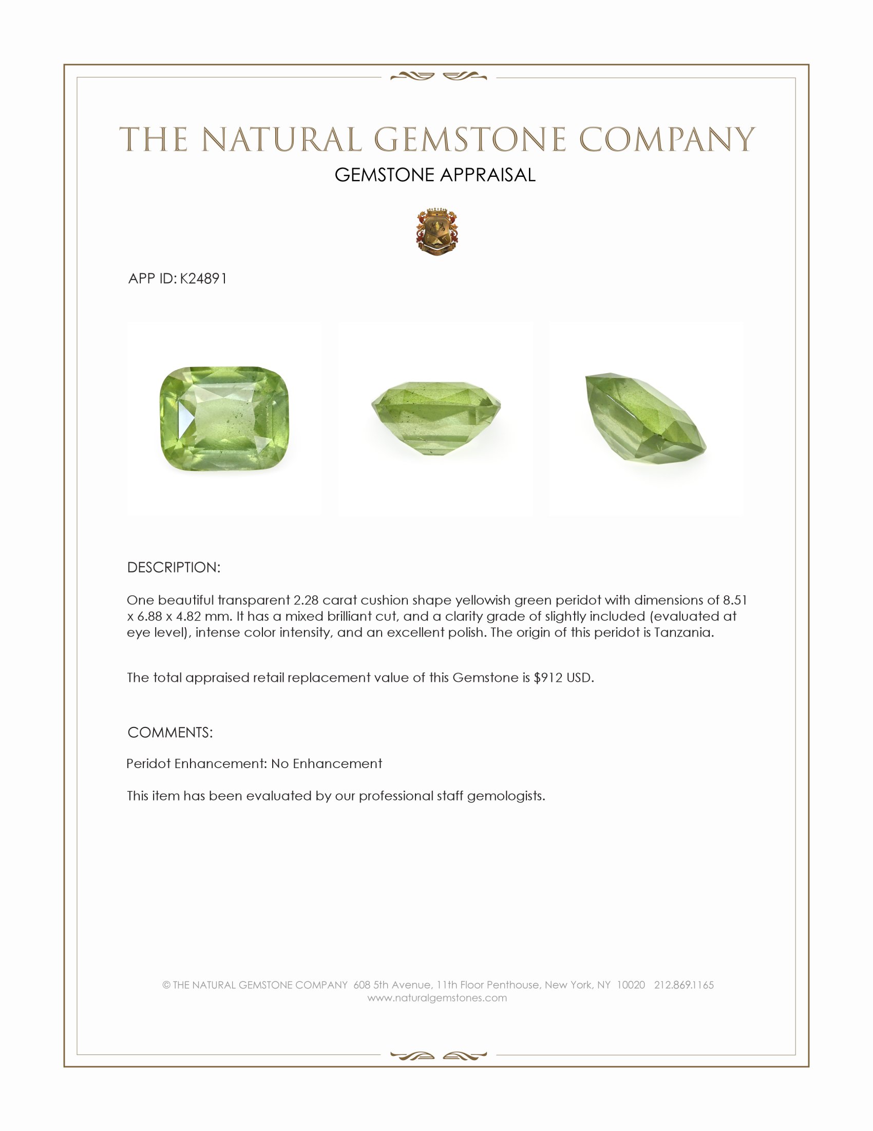2.28 Ct. Yellowish Green Peridot from Tanzania