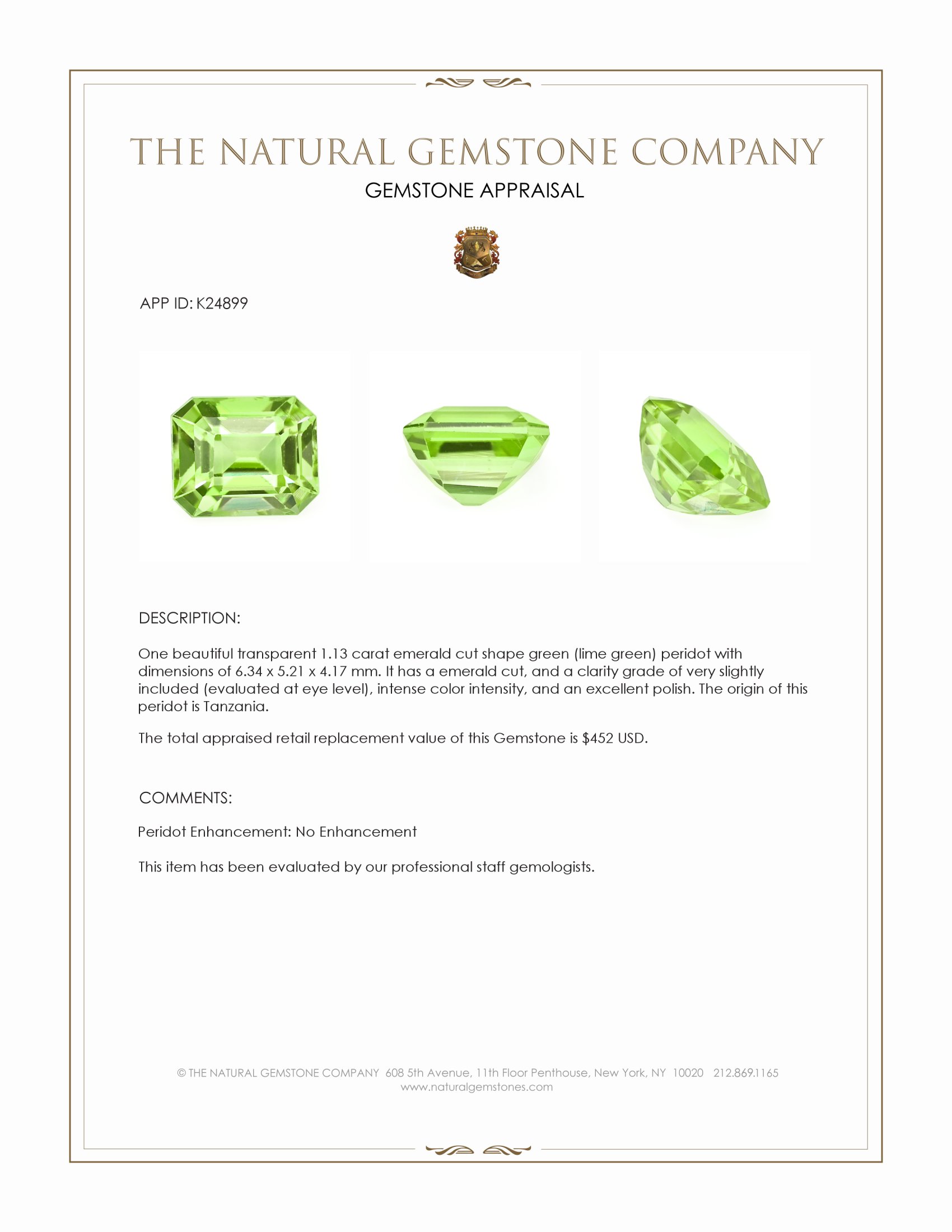 1.13 Ct. Green (Lime Green) Peridot from Tanzania