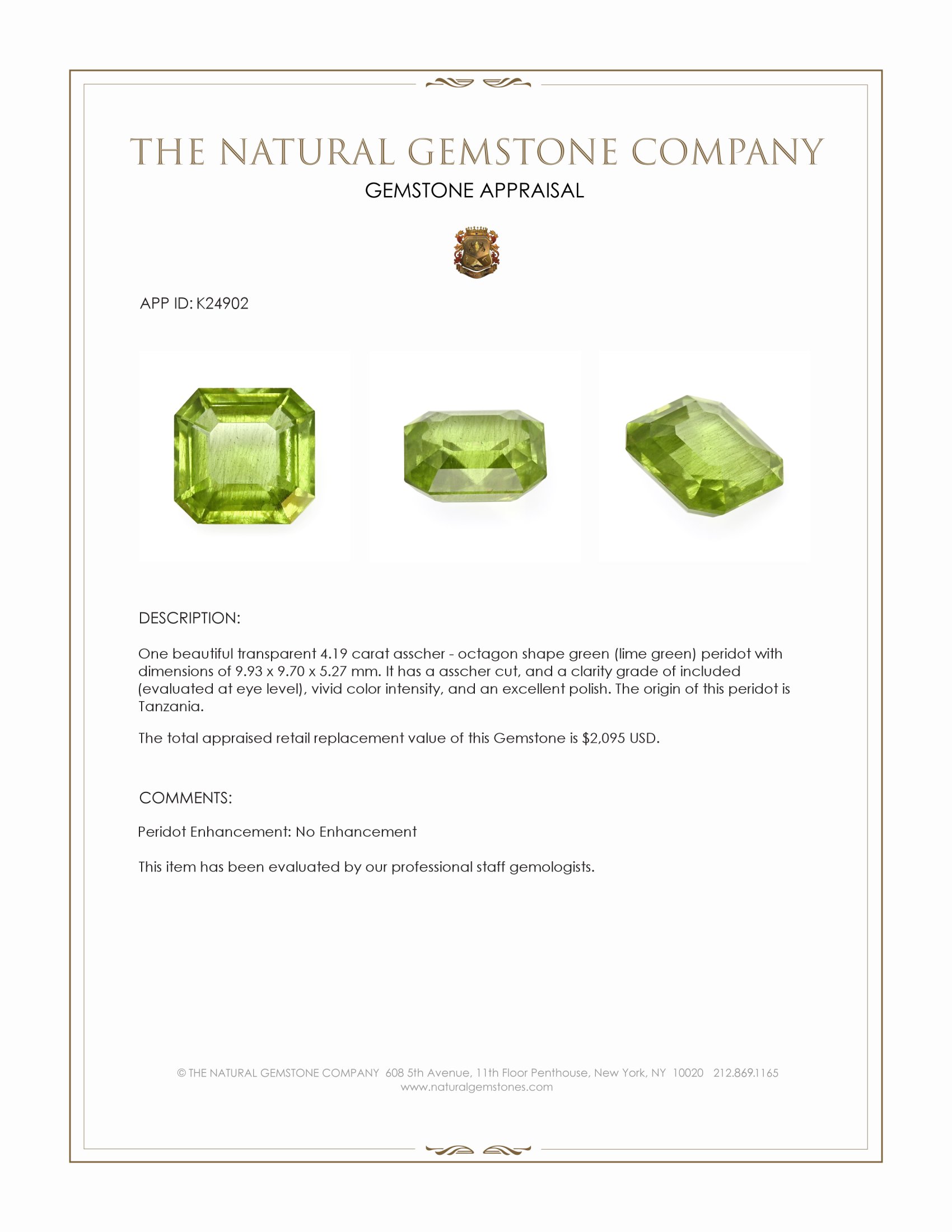 4.19 Ct. Green (Lime Green) Peridot from Tanzania
