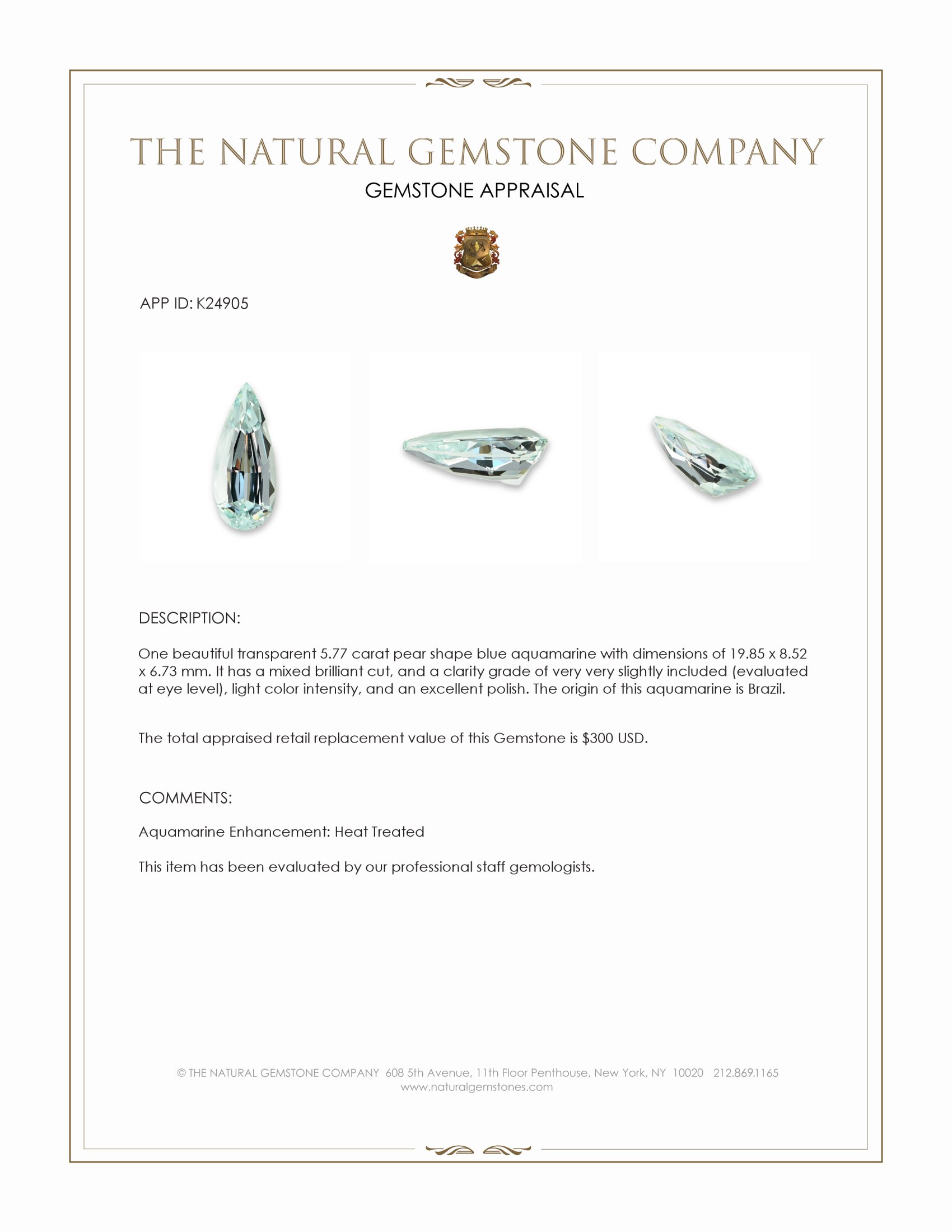 5.77 Ct. Blue Aquamarine from Brazil