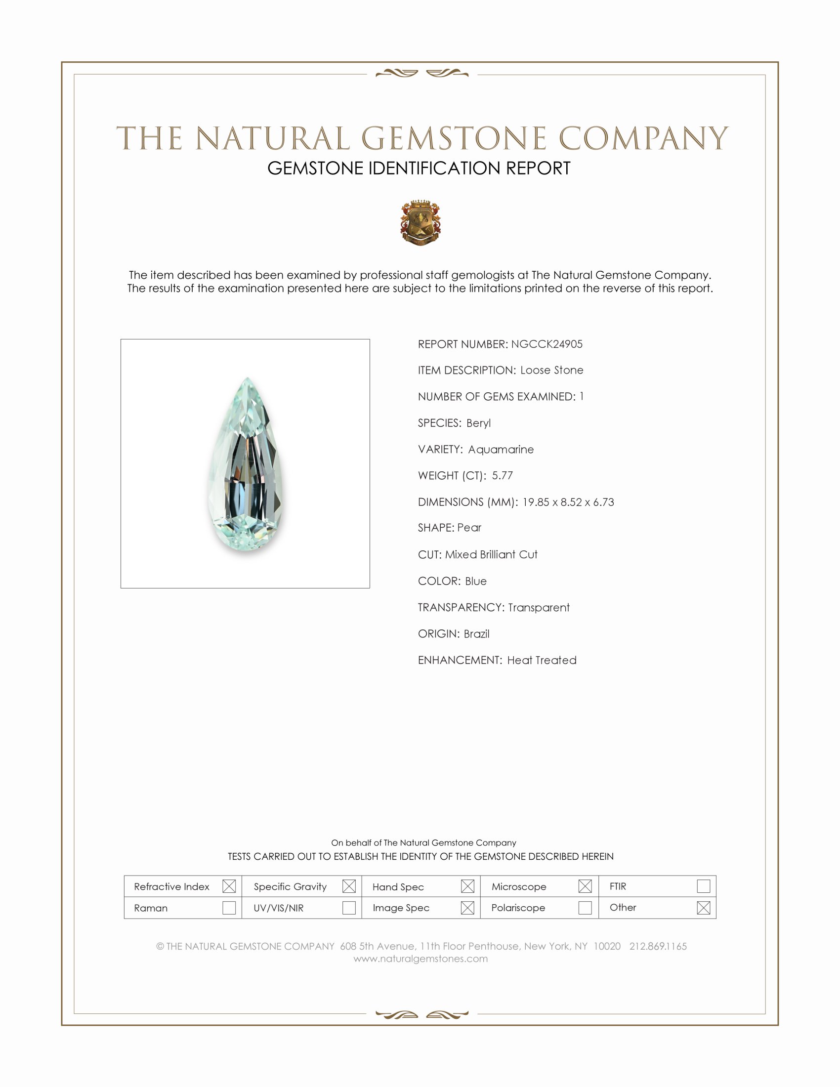 5.77 Ct. Blue Aquamarine from Brazil