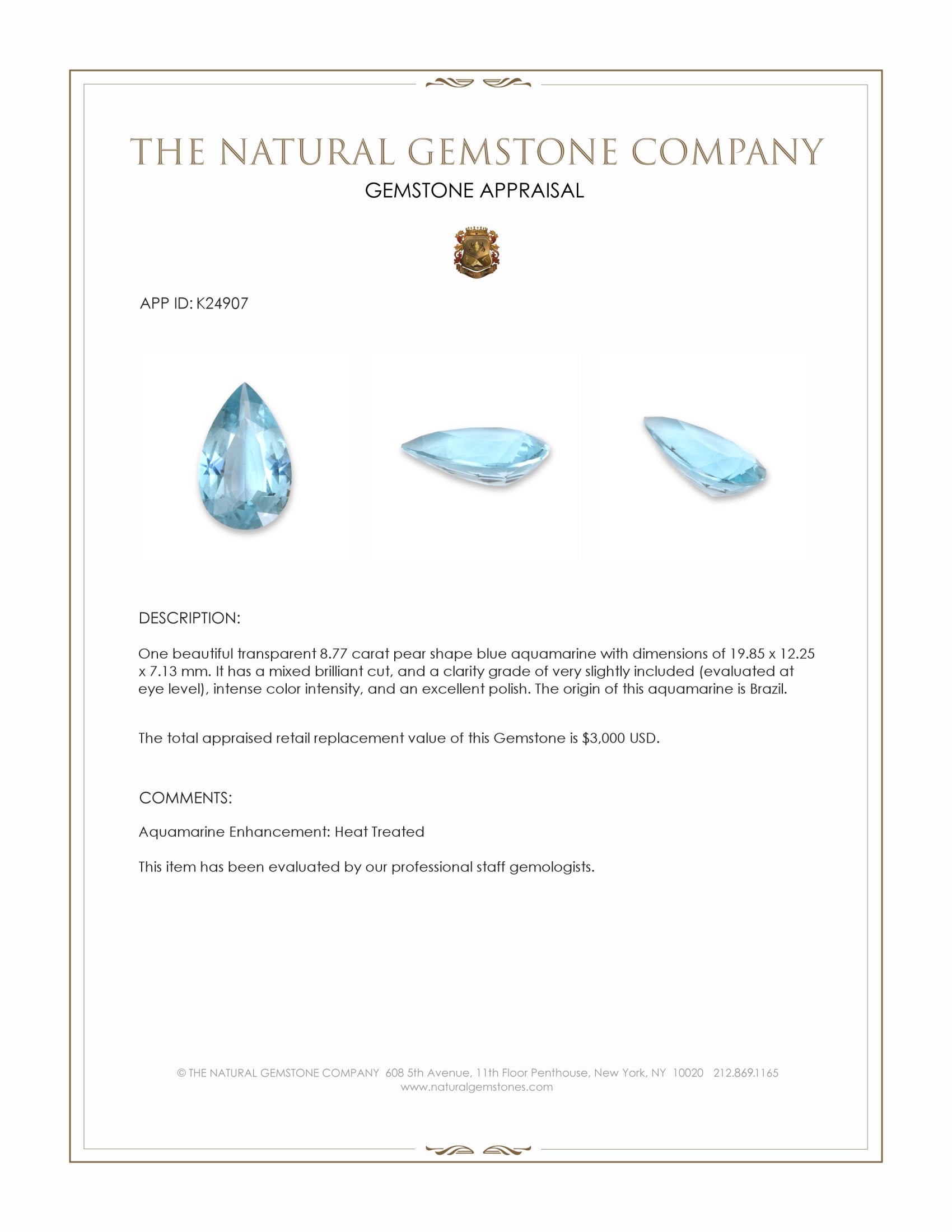 8.77 Ct. Greenish Blue Aquamarine from Brazil