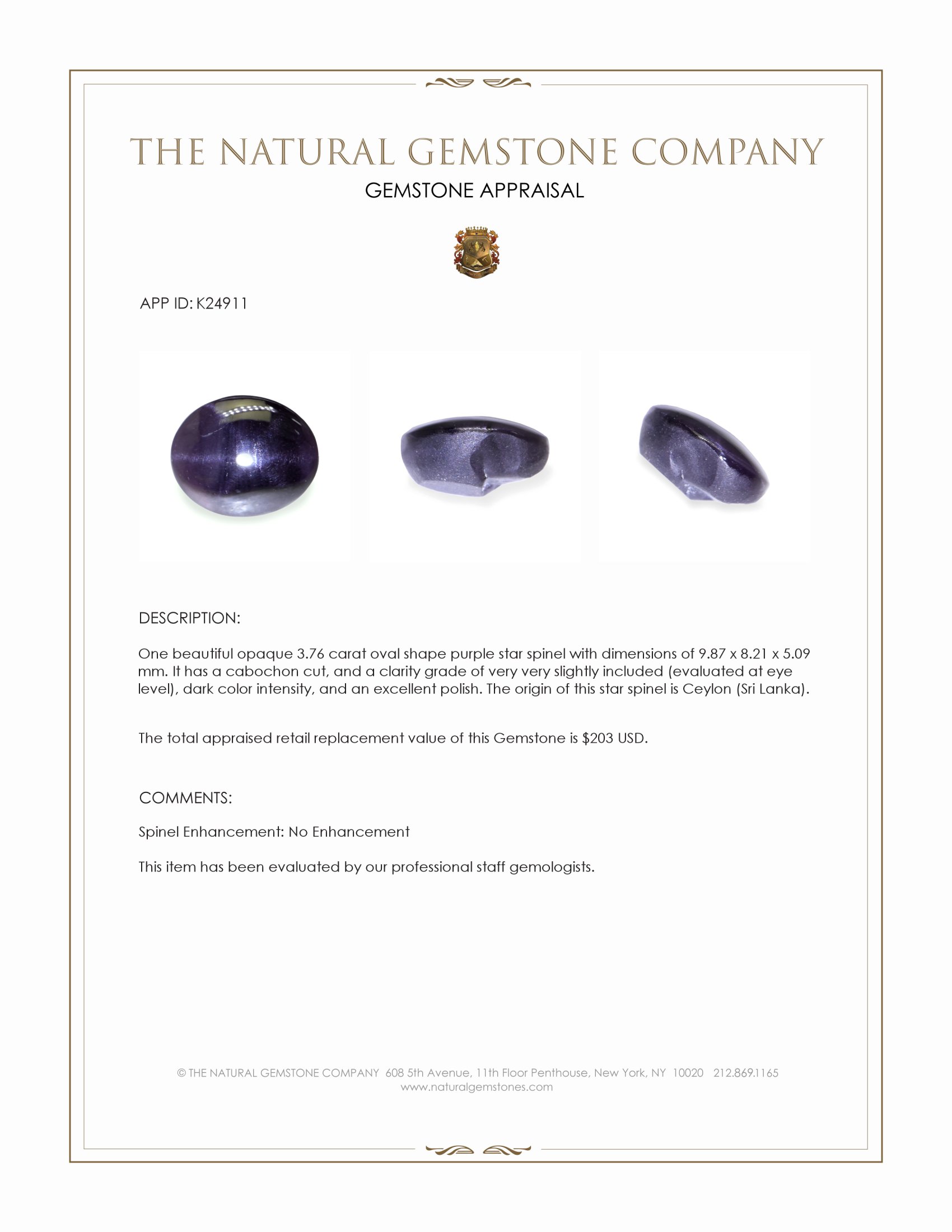 3.76 Ct. Purple Star Spinel from Ceylon (Sri Lanka)