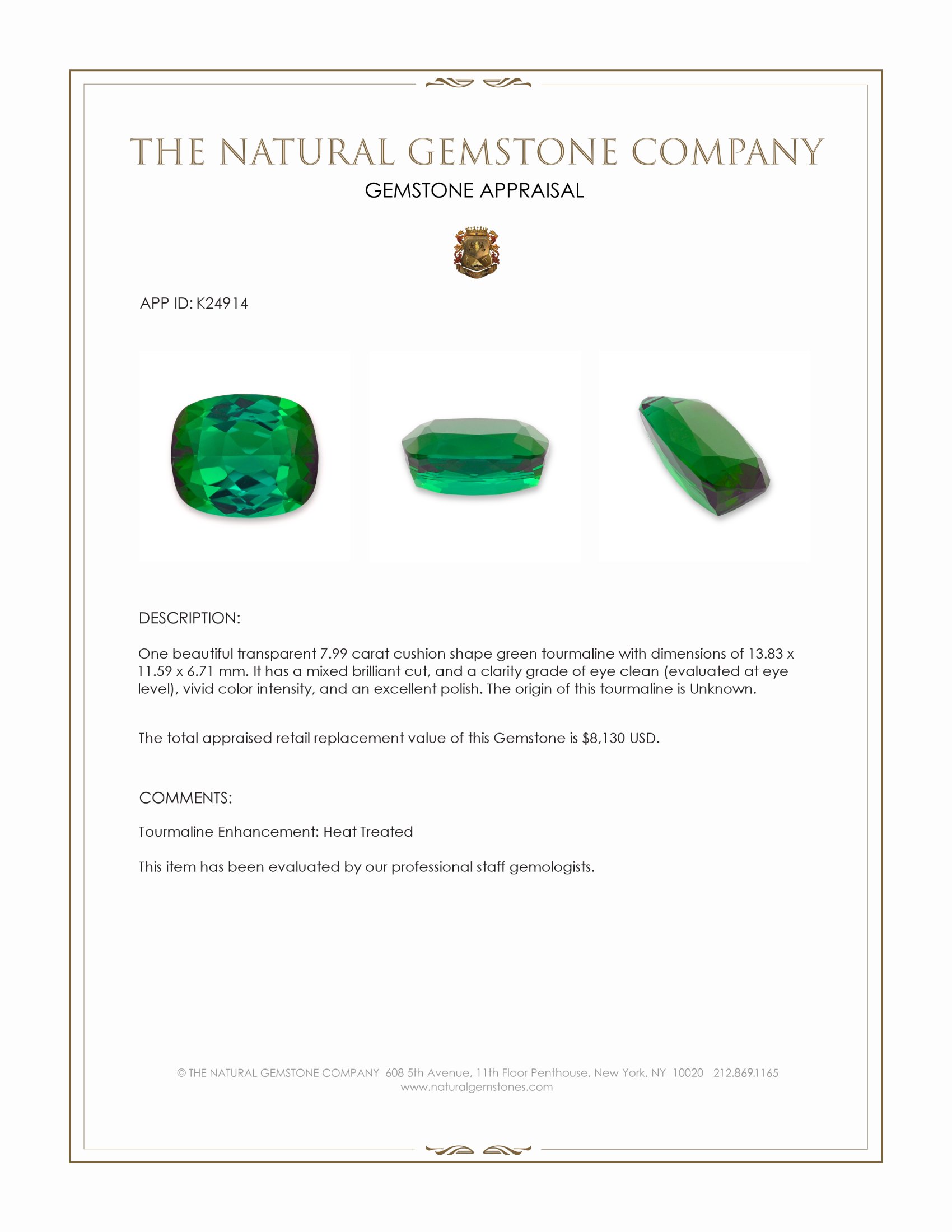 7.99 Ct. Green Tourmaline