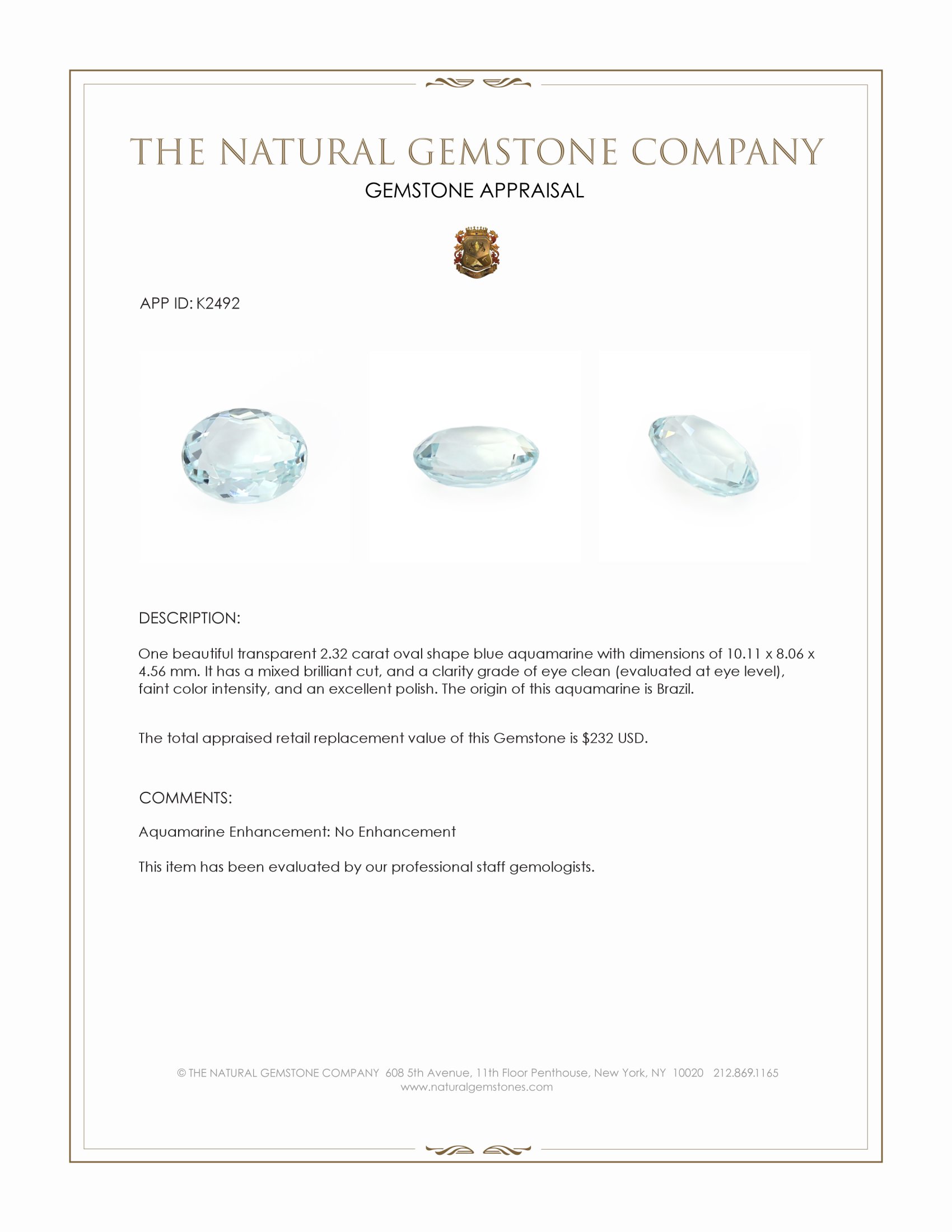 2.32 Ct. Aquamarine from Brazil