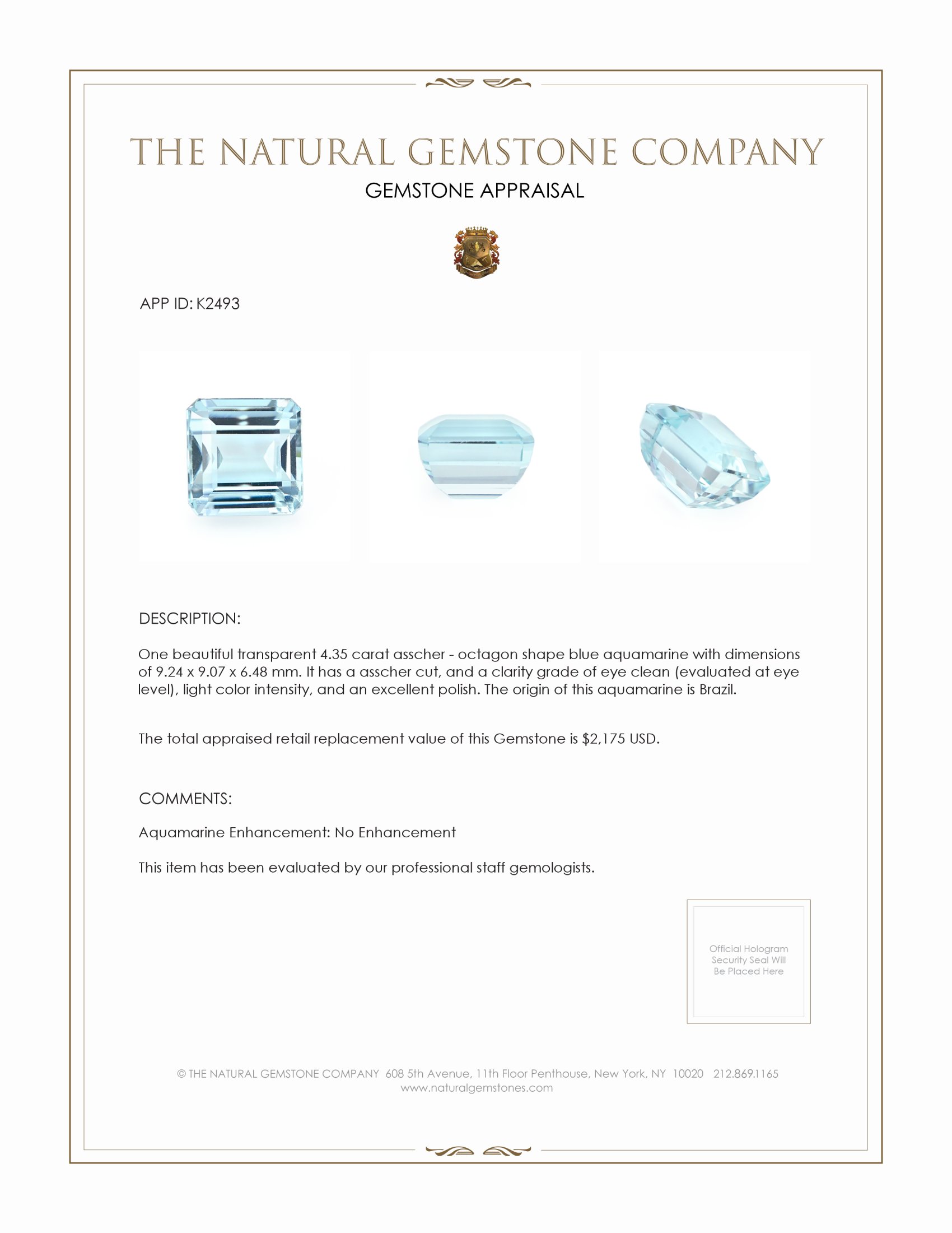 4.35 Ct. Aquamarine from Brazil